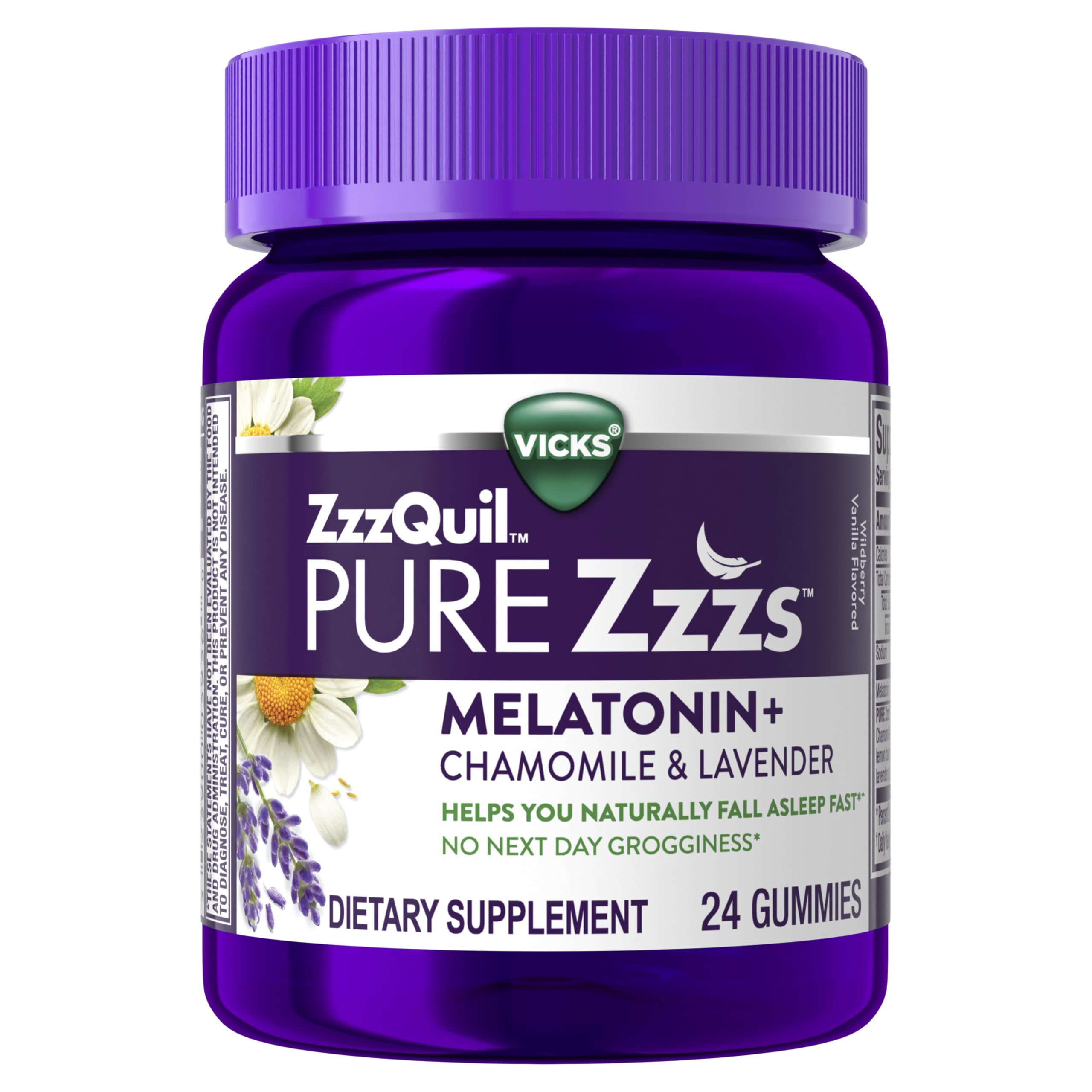 ZzzQuil Pure Zzzs Melatonin Gummies, Sleep Aid, Melatonin 2mg, with Chamomile & Lavender, Melatonin Sleep Gummies, Sleep Aids for Adults, Wildberry Vanilla Flavored, 24 Sleep Gummies