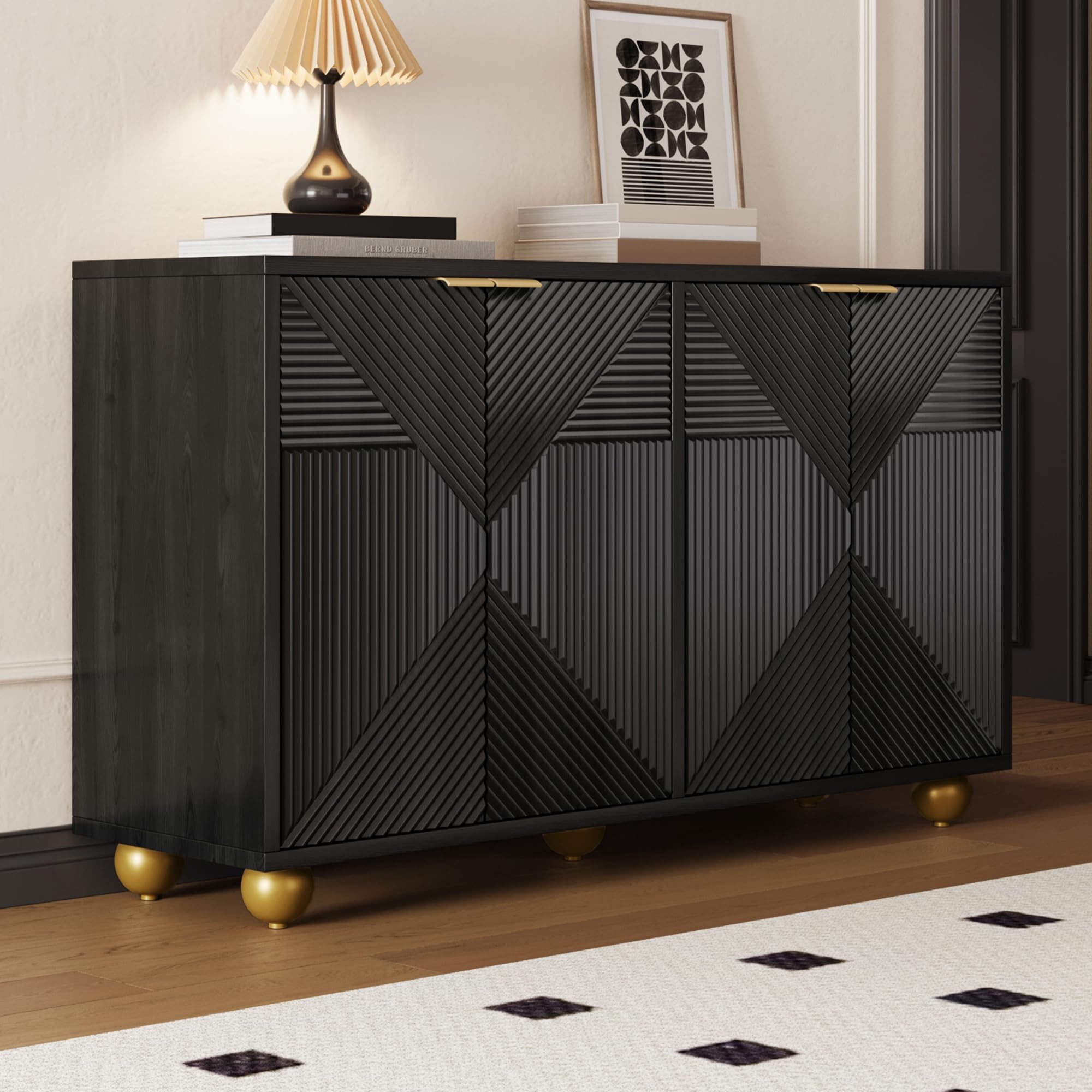Aparador negro 120 x 35 x 71,5 cm con cuatro puertas moldeadas, estantes interiores ajustables, asas de metal y patas esféricas