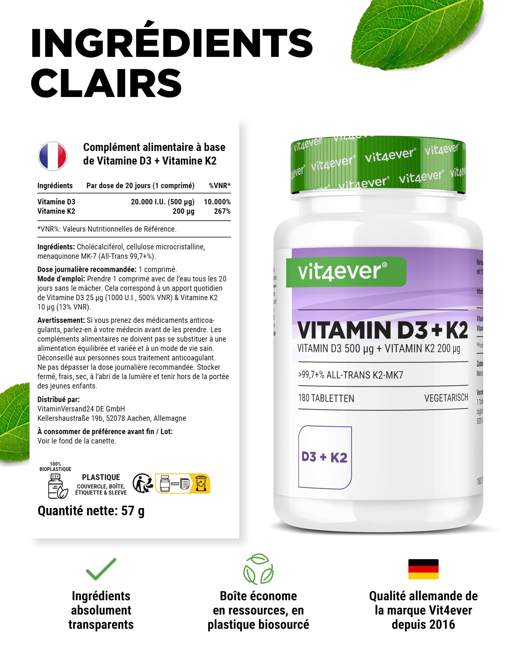 Vitamine D3 + K2 MK-7-180 Comprimés - 20.000 U.I. (500µg) Vitamine D3 & 200µg K2 par Comprimé - Matière Première Premium: 99,7+% All-Trans - Haute Pureté - Forte Dose - Végétarien
