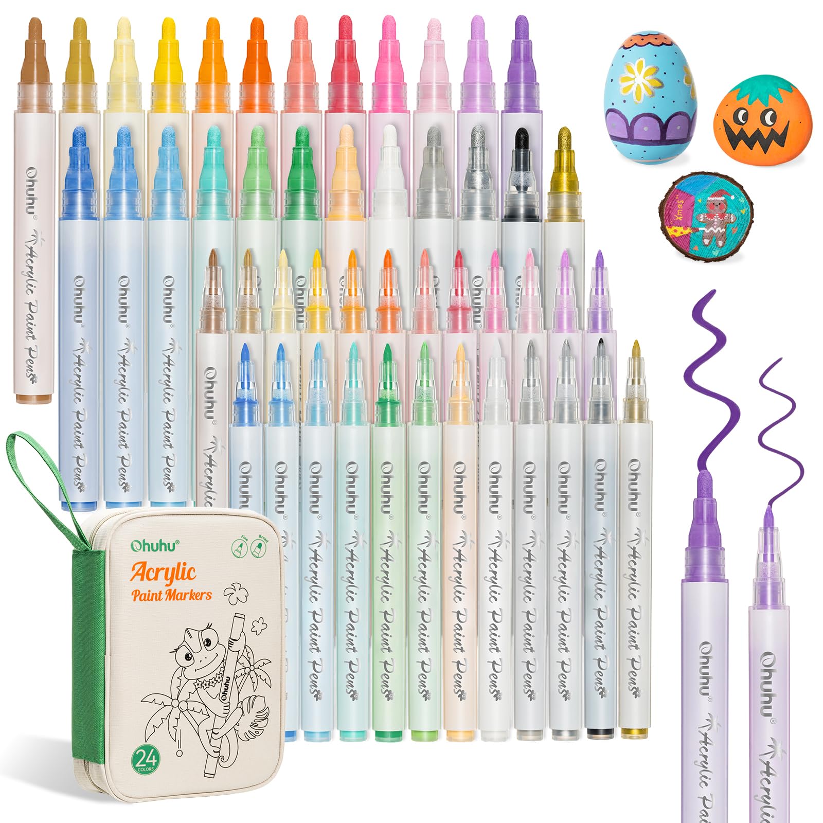 Ohuhu Acrylic Paint Markers 48 PCS 24 Colors Double Pack of Fine Tip & Reversible Tips (Chisel & Round) Acrylic Markers High Opacity Paint Pens for Rock Painting Easter Egg Wood Glass Ceramic Canvas