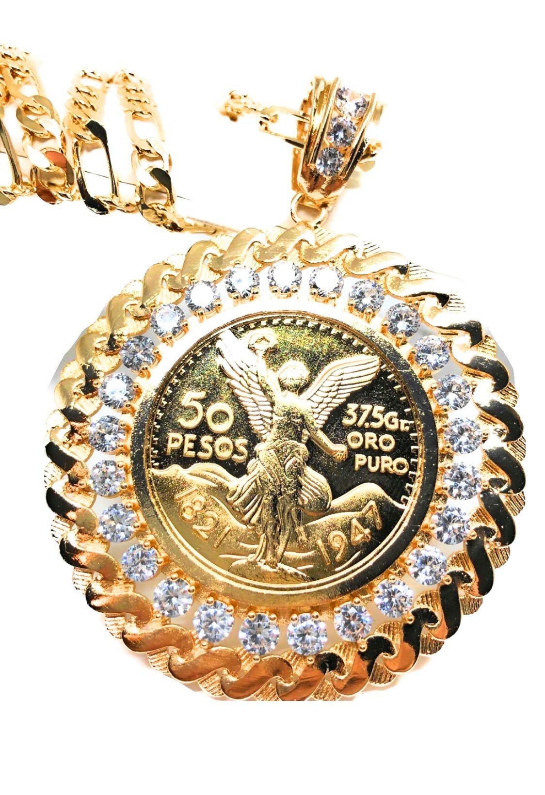 Fran & Co. Gold Plated Coin Luxury Centenario Mexicano Moneda 50 Pesos Pendant Chain CZ Oro Cadena 26”