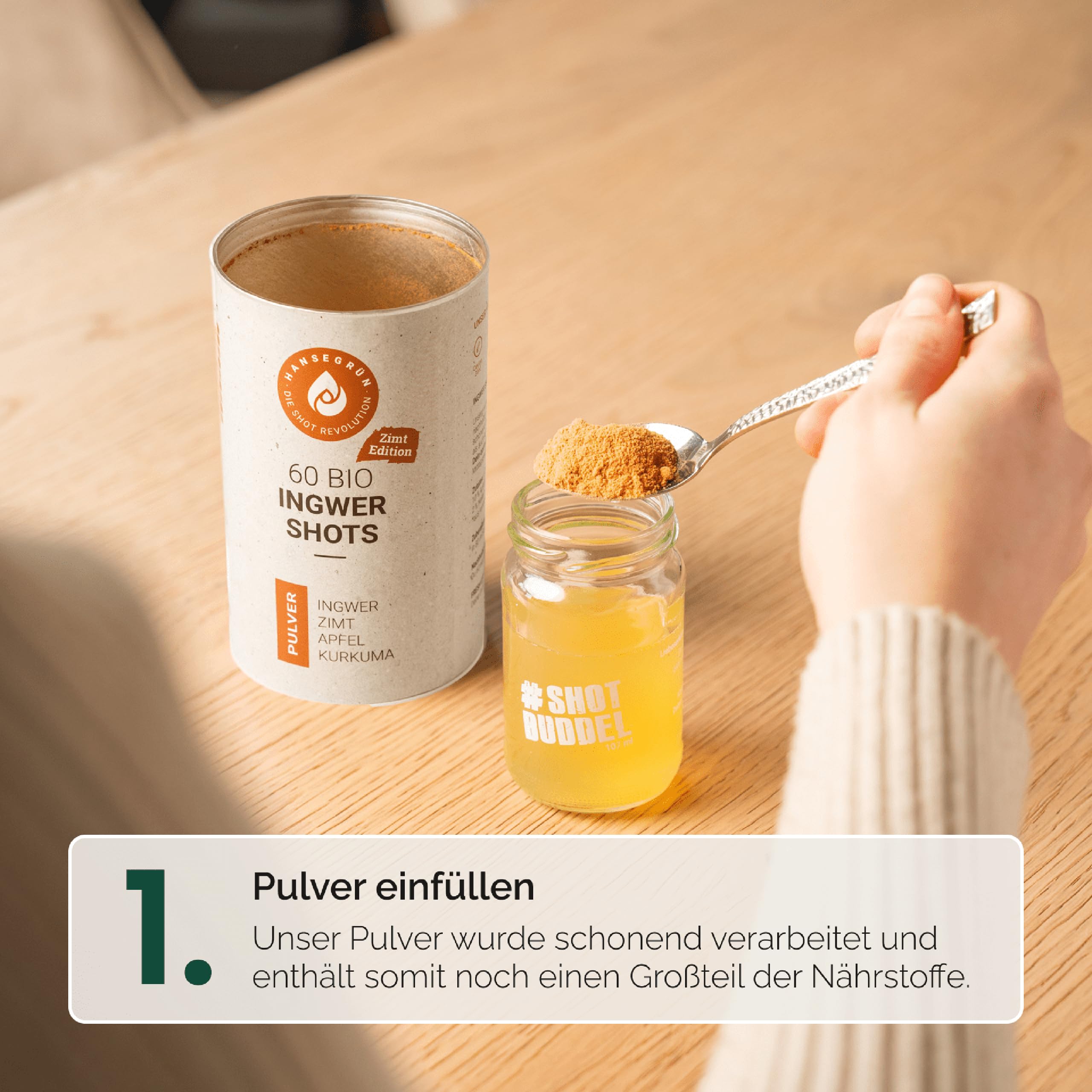 Hansegrün - Kennlernset Ingwer Shots (180 Stk.) - Veganes Superfood-Pulver für Immungsystem¹ & Energiestoffwechsel³ - Kurkuma, Zitronenschale & Acerola - 100% echte Zutaten zur täglichen Zubereitung