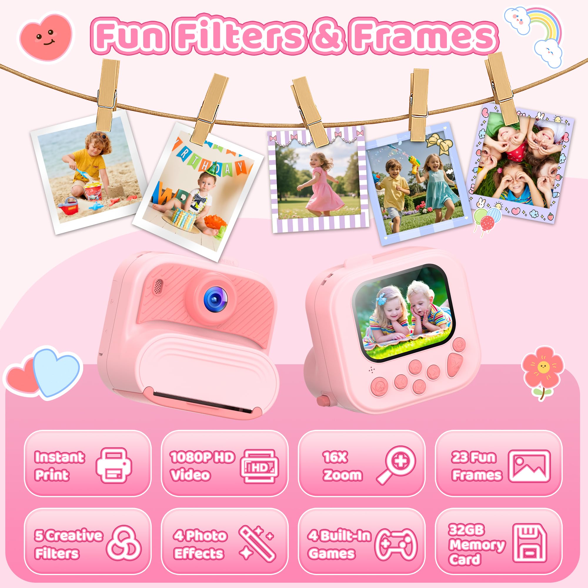 Macchina Fotografica Bambini Istantanea: Giochi Camera per 3 4 5 6 7 8 9 10 11 12 Anni - Regalo Natale per Bambina Gioco Compleanno - Fotocamera Digitale con 32GB Scheda - Idee Instant Fotocamera Rosa