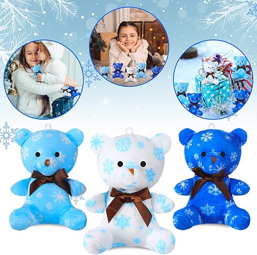 Vista 6 de Haull 18 piezas de animales de peluche en forma de corazón de copo de nieve de invierno, osos de peluche, regalos a granel, mini juguetes de peluche