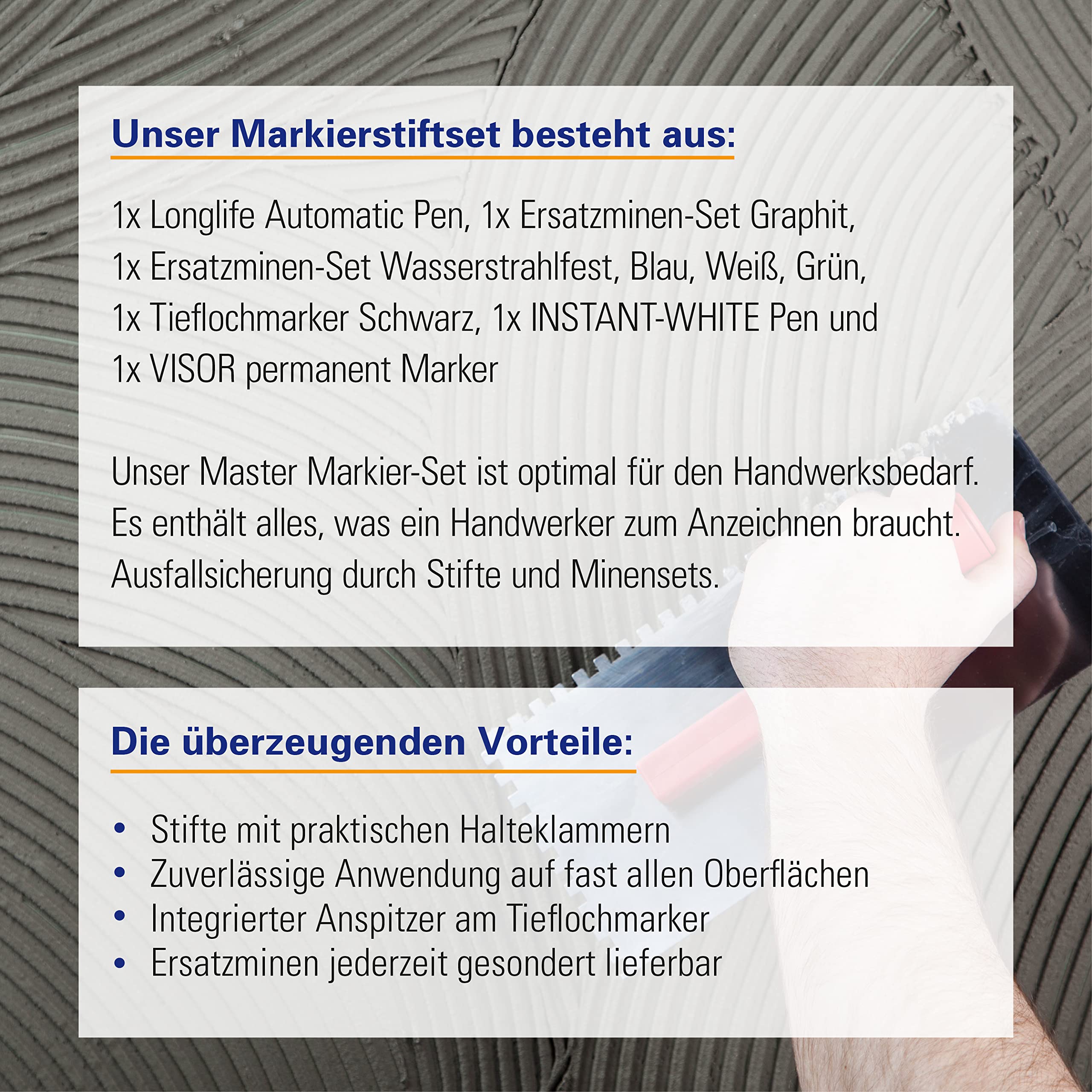 Karl Dahm Master Markier-Set I Markierstift-Set: 2x Tieflochmarker, 1x Ersatzminen Graphit, 1x Ersatzminen (Blau, Weiß, Grün), 1x Instant-White Pen & 1x Permanent Marker I Handwerker Zubehör – 12282