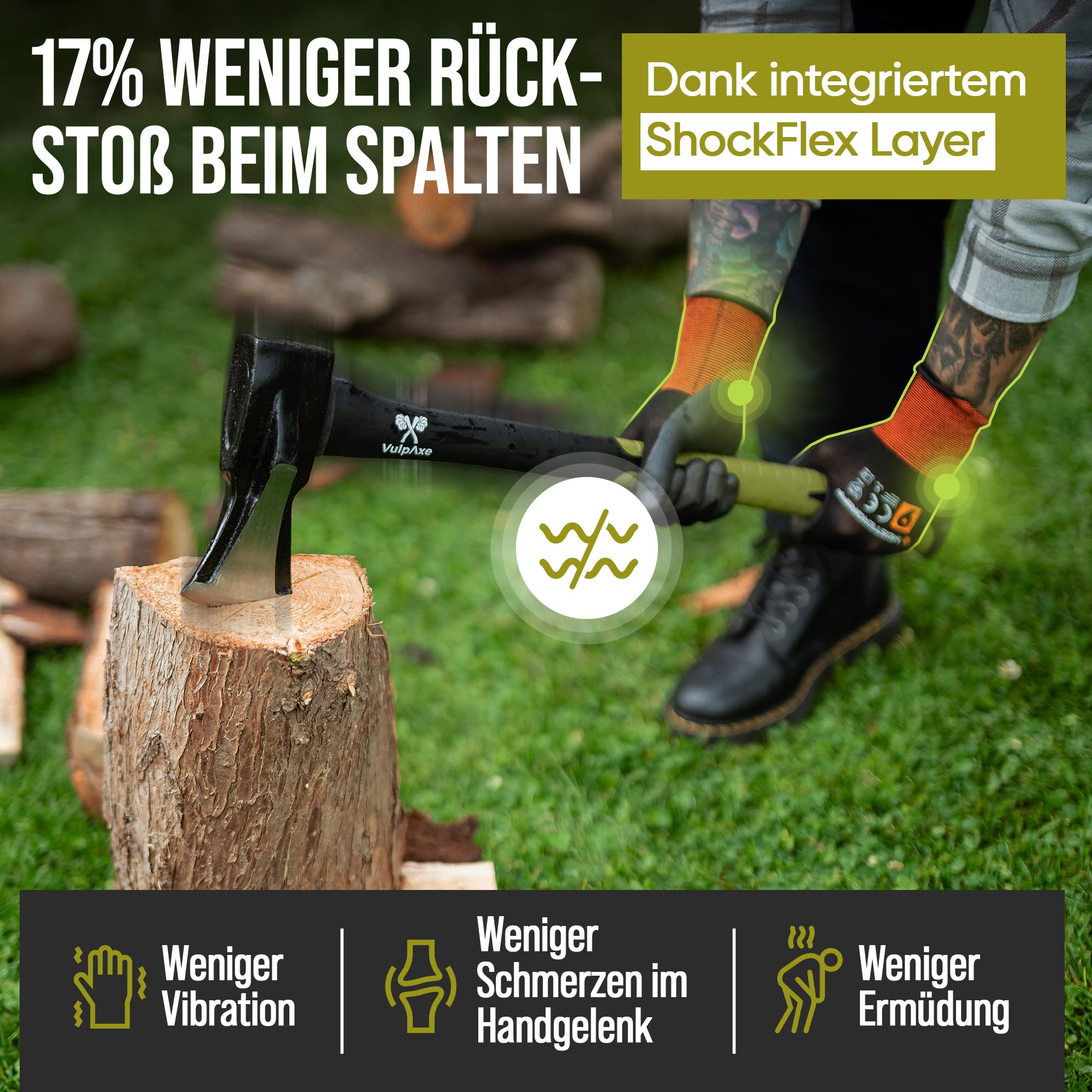 VULPAXE Spaltaxt 2kg 68cm – Profi Axt & Beil mit Carbonstahl-Klinge – Spalthammer für Holz Spalten – Glasfaserverstärkter gummierter Griff