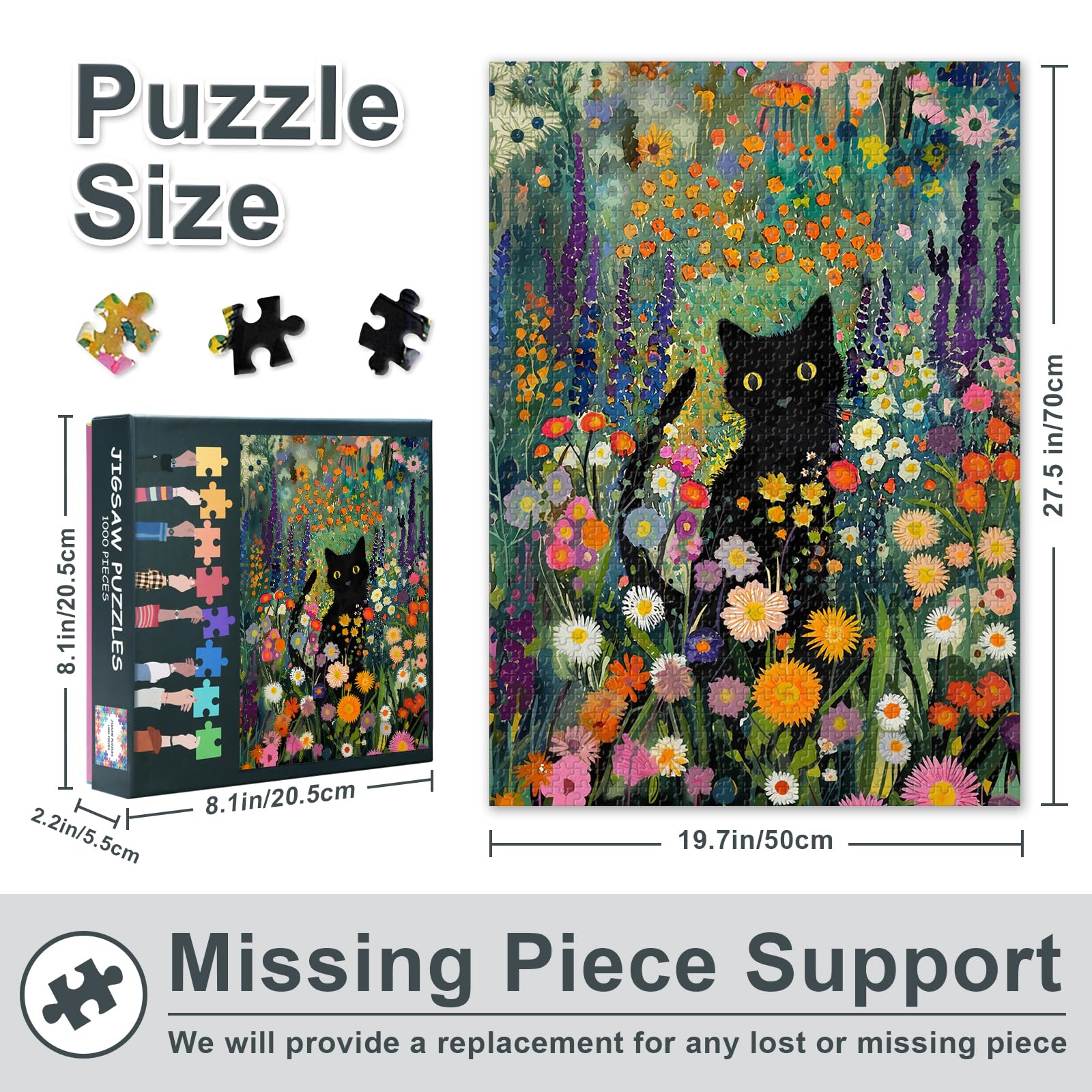 1000 Piece Jigsaw Puzzles for Adults, Black Cat & Flowers Theme Challenging Puzzle - Image 3