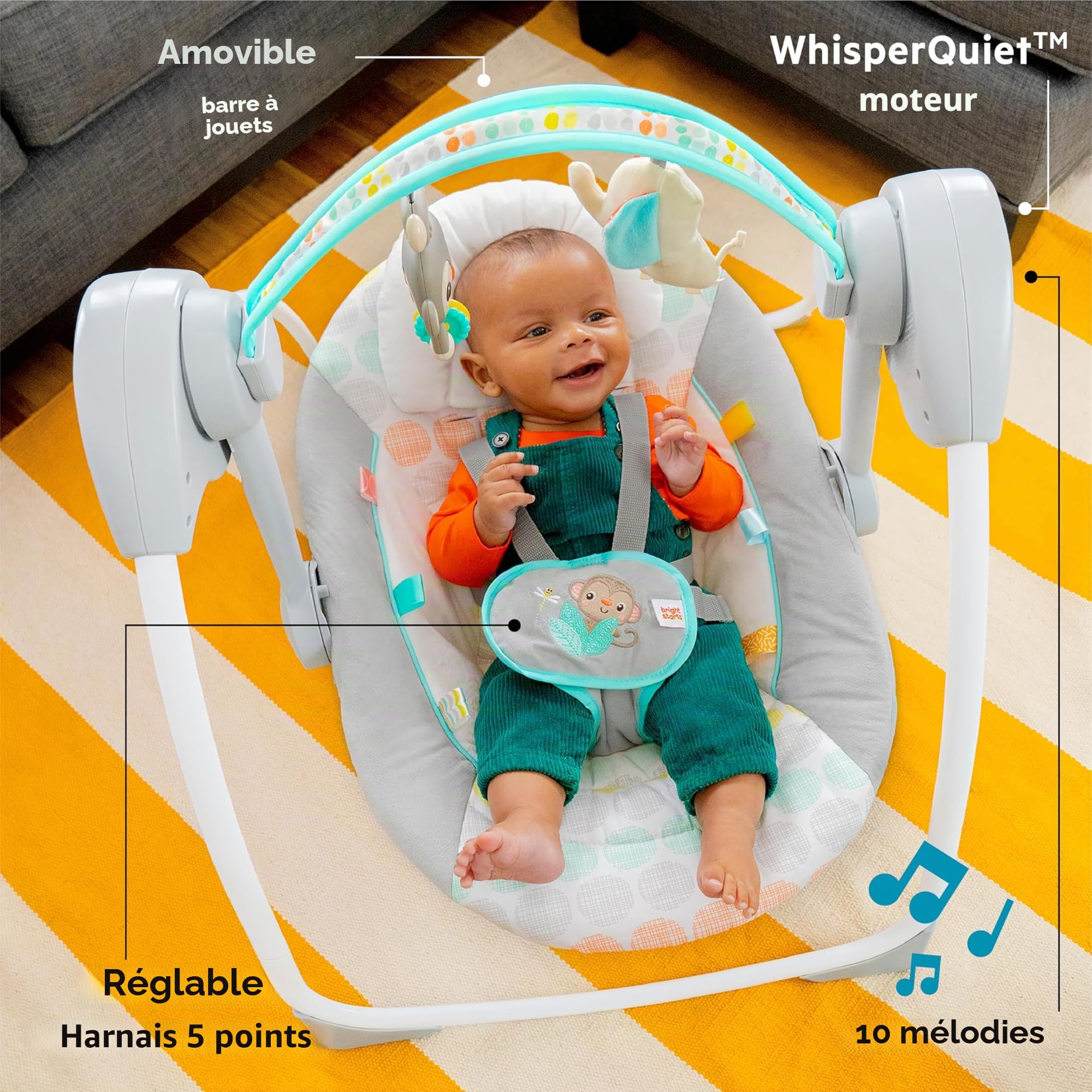 Bright Starts, Balancelle Compacte, Whimsical Wild, 6 vitesses de balancement, arche de jeu amovible avec 2 jouets interactifs, multicolore, dès la naissance à 9 kg