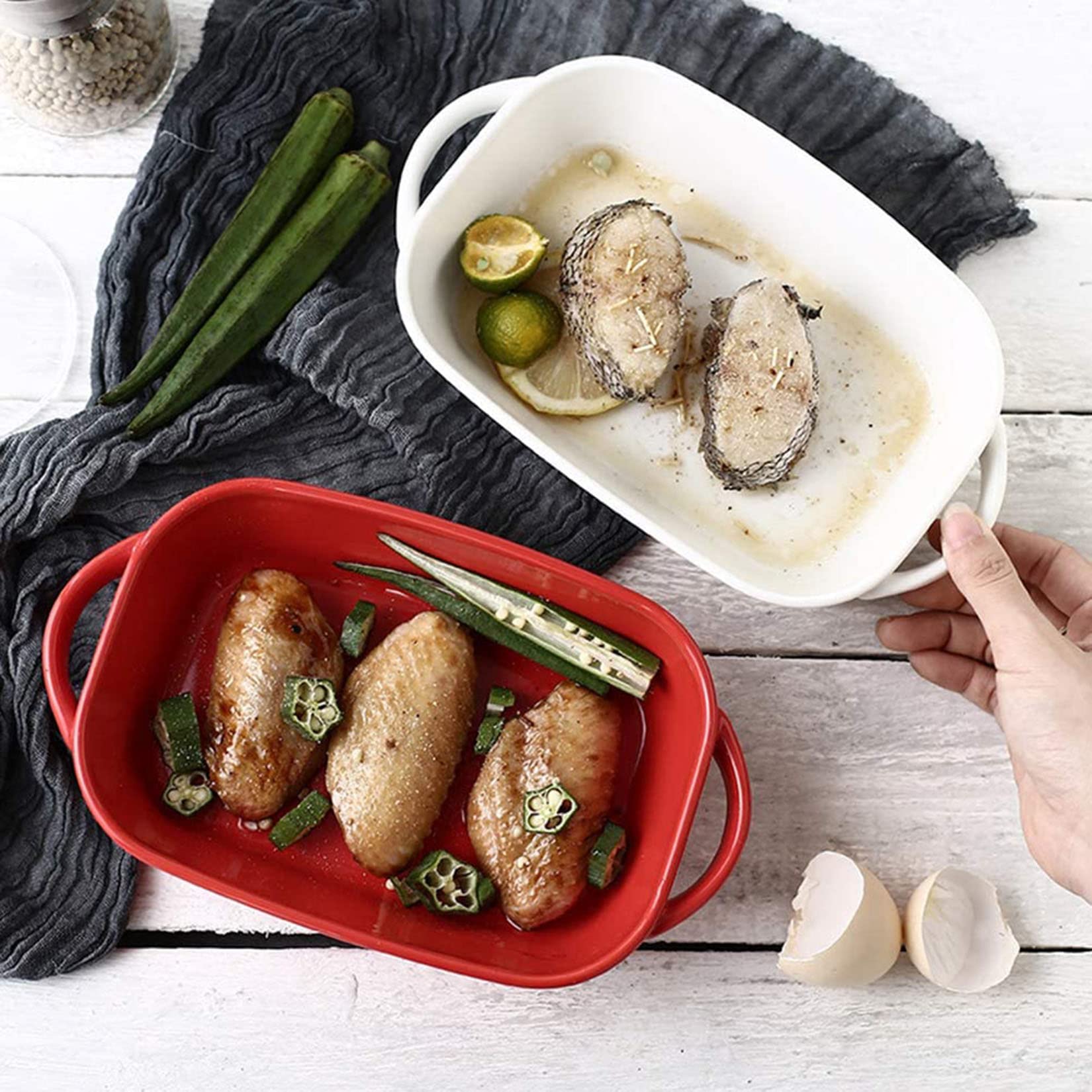Plato para hornear de cerámica Juego de utensilios para hornear rectangulares Bandeja para hornear, Utensilios para hornear Gres Pan para lasaña pintado a mano para la cena de Navidad Cocinar la cen
