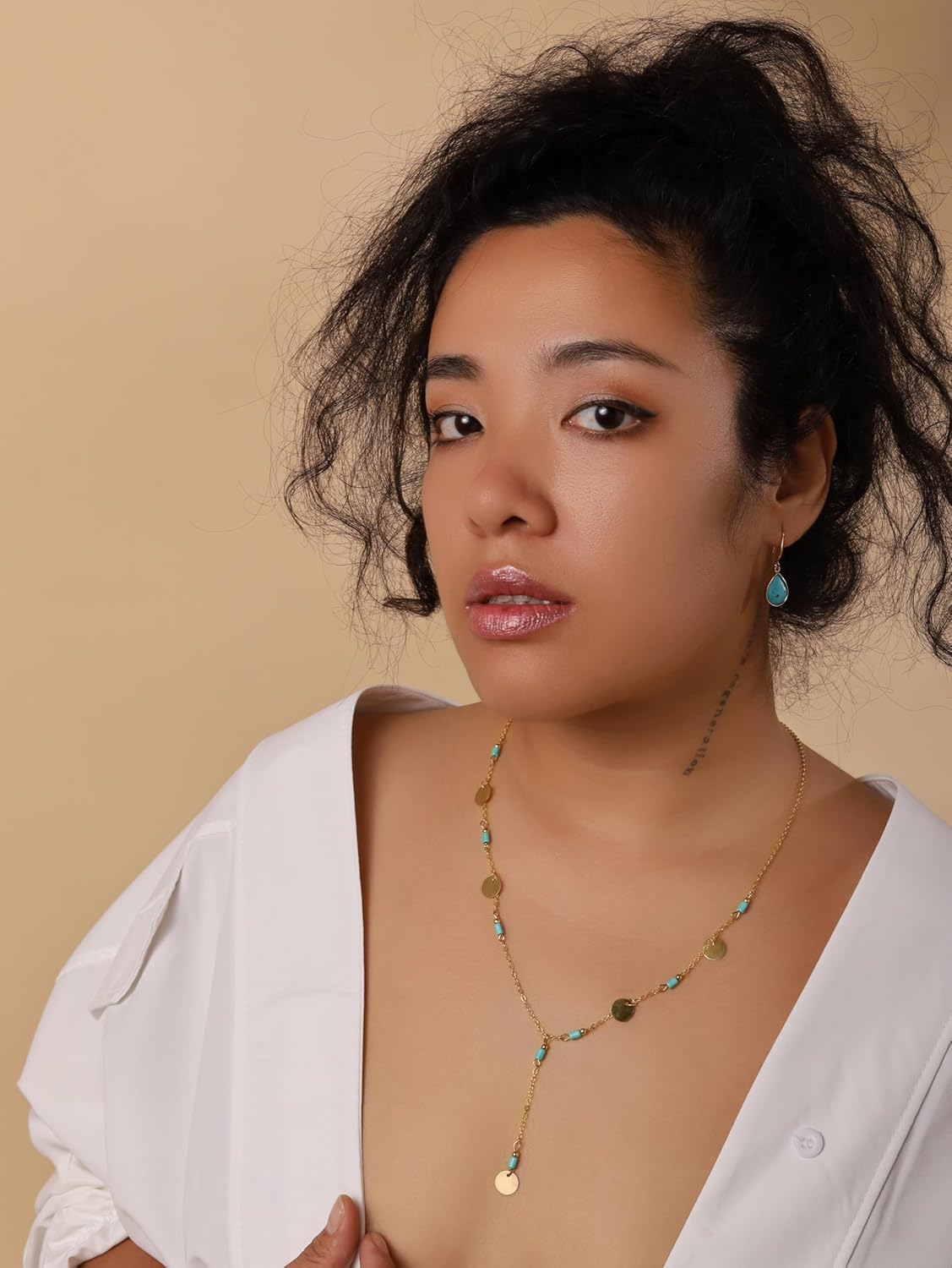 MINACHI Vintage Boho Created Turquoise Coin Dainty Gold Plated Chain Y Necklace, Trendy Minimalist Bohemian Jewelry Gift for Women - Image 6