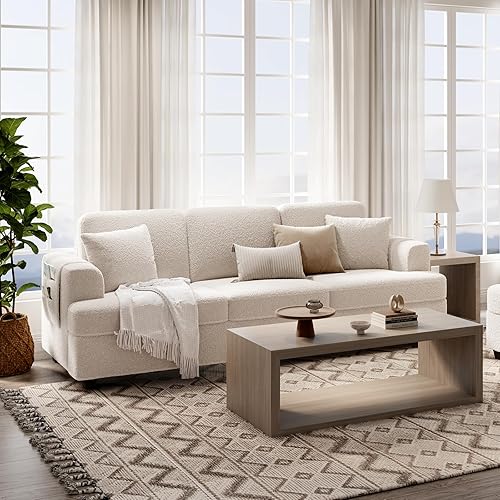 Miniatura 6 de KKL Sofá de asiento profundo de 89 pulgadas con almohada, sofá moderno, sofás para sala de estar, sofá cómodo, sofá cama, Bouclé, blanco roto