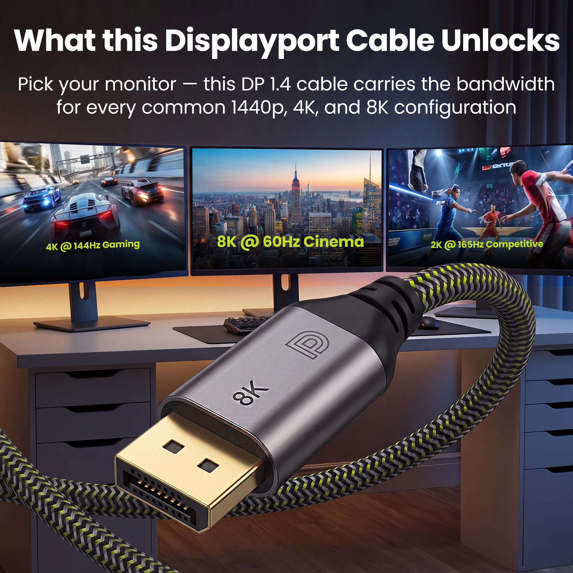 GearIT Lot de 5 câbles DisplayPort vers DisplayPort 1.4 (8K @ 60 Hz, 4K @ 144 Hz, 2K @ 165 Hz), 5 m
