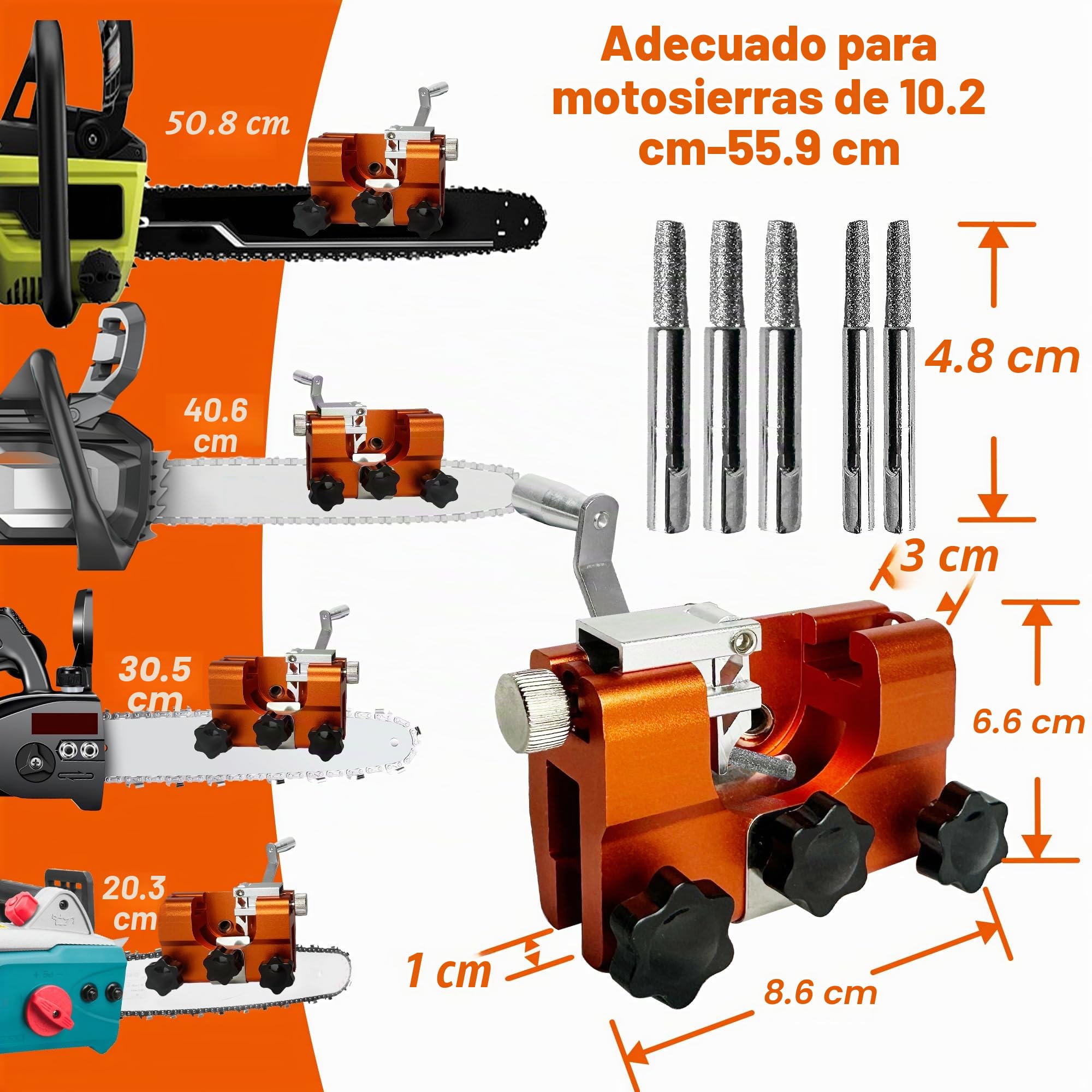 Afilador Cadena Motosierra Portátil,Afilador Motosierra Cadena,Kit de Afilado de Motosierra con 5 carbonatos de tungsteno,Sierra de cadena de 4 a 22 pulgadas (naranja)