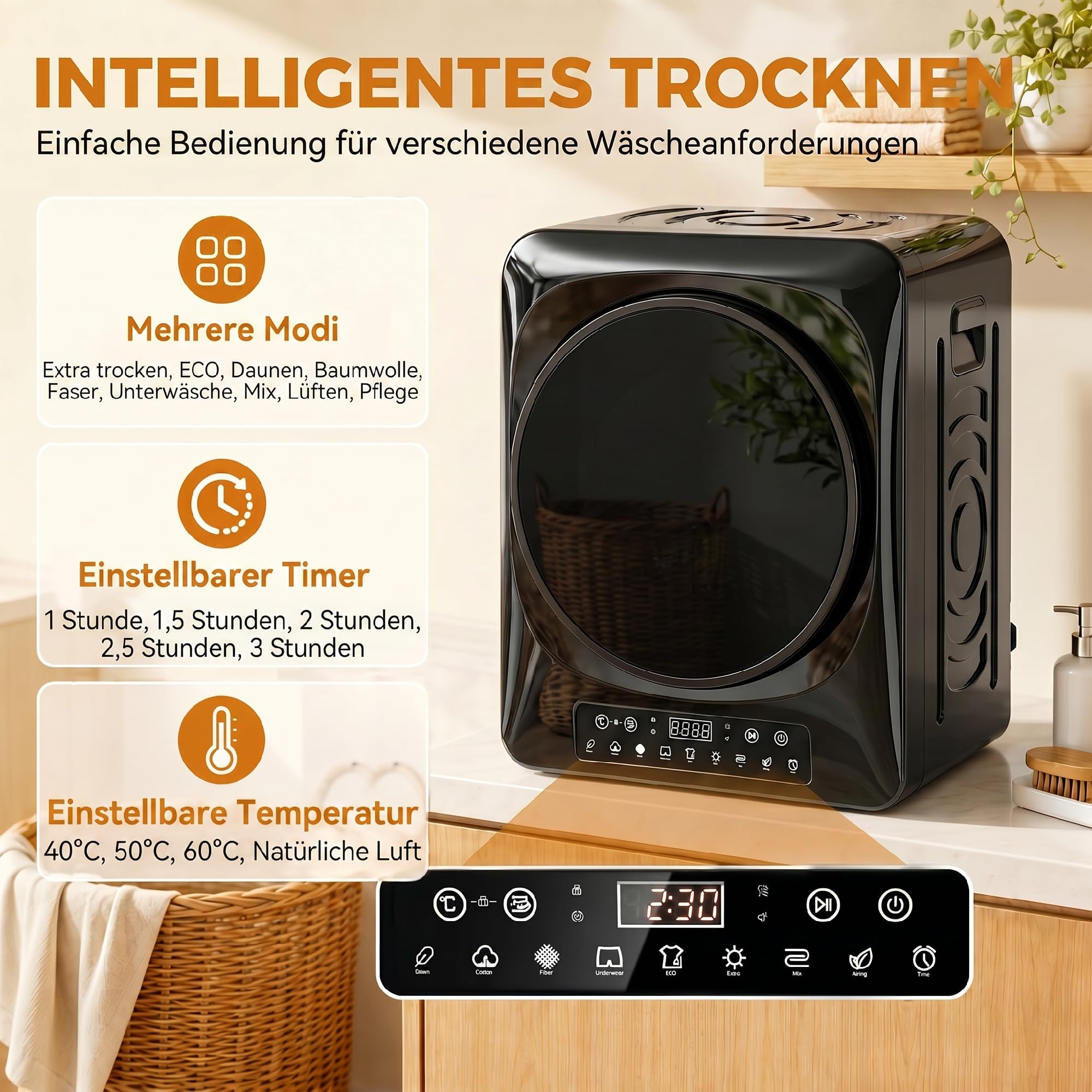 HOMCOM Wäschetrockner 5 kg Mini Ablufttrockner mit 9 Programmen bis zu 60℃, 1000W Trockner mit Knitterschutz, Doppelfilter, LED-Touchscreen, Timer, Kindersicherung für Wohnmobile, Haus, Schwarz