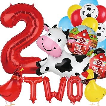 19 Pcs Farm Animal Balloons Cow Balloon Farm Animal Theme 2nd Birthday Party Decoration Walking Animals Balloons Duck Rooster 40 Inch Large Number 2 TWO Letter Banner Balloon Party Decor Supplies
