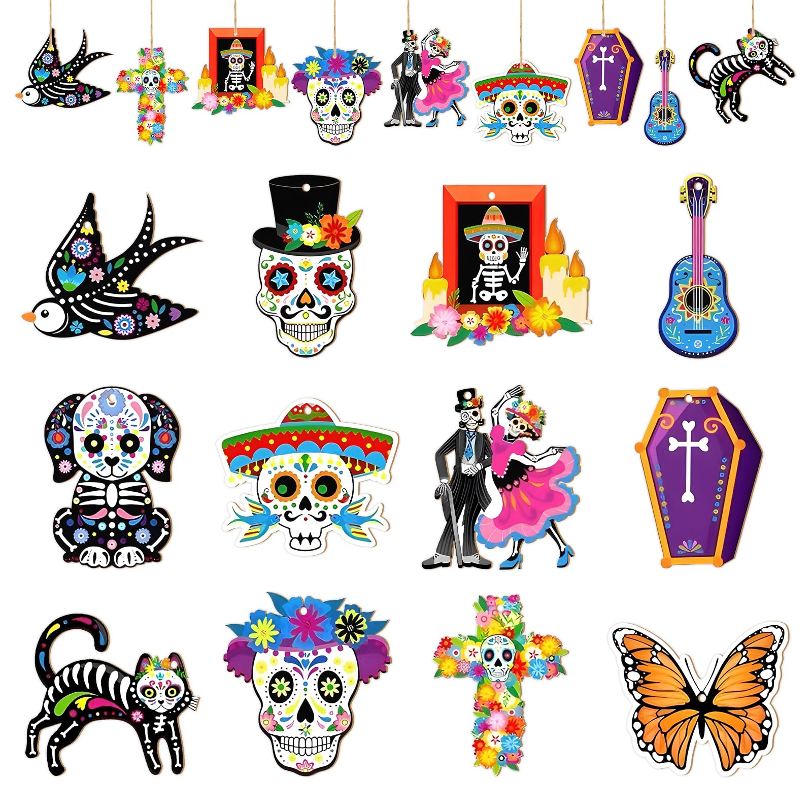 24PCS Day of the Dead Wooden Hanging Ornaments, Colorful Día de los Muertos Wood Decorations with Sugar Skull Designs for Day of the Dead, Halloween Mexican Home Décor