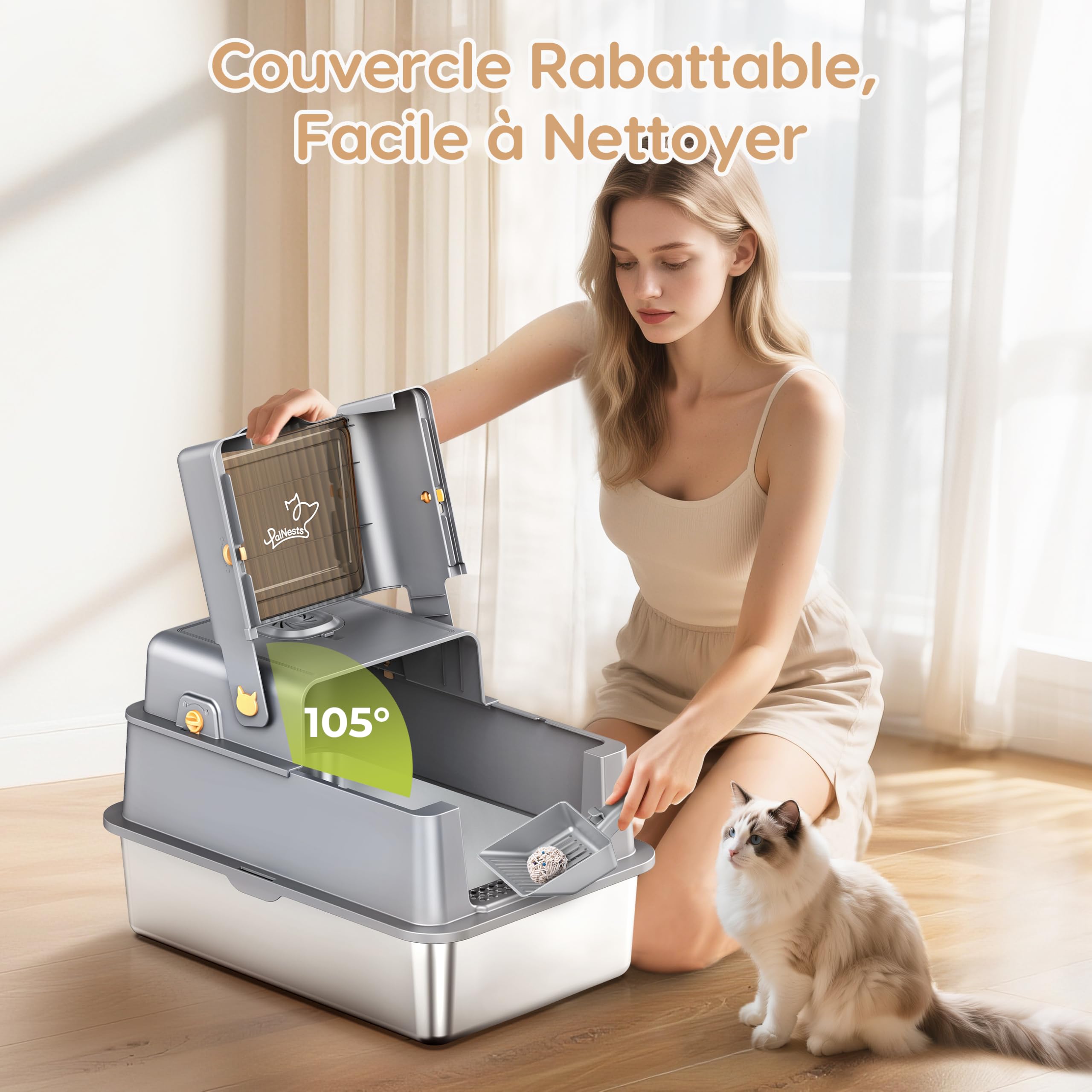 Bac à Litière en Acier Inoxydable, PalNests XXL Litter pour Chat avec Couvercle à 105° et Pelle, Litière en Métal Amovible, 3 en 1 Litiere à Bords Hauts avec Désodorisant pour Litière pour Chat