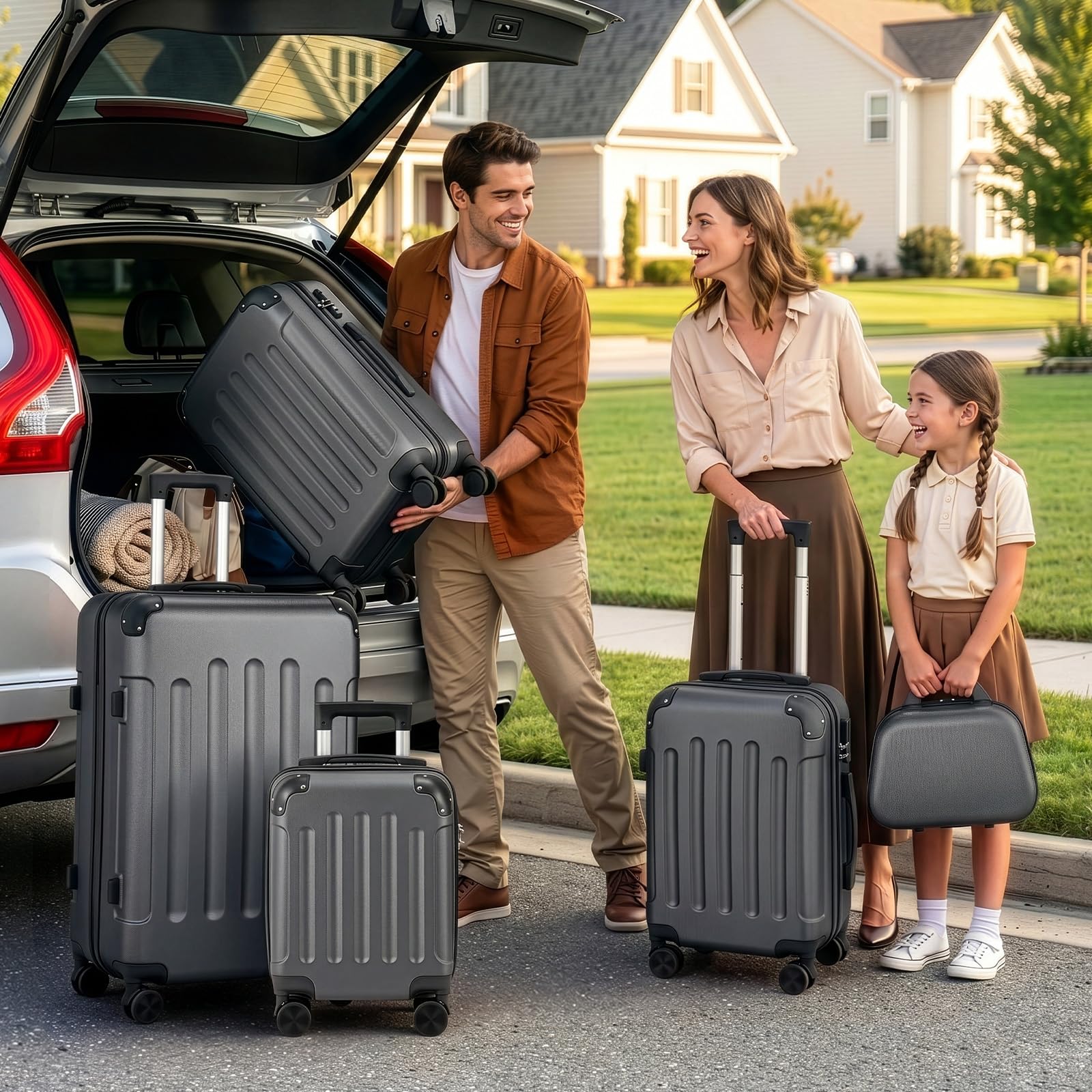 LALAHO Set de 5 Valises avec Vanity Case, Valise Grande Taille/Cabine avec Renforts d'angle, Petite Valise, Bagage Suitcase en ABS (Gris foncé)