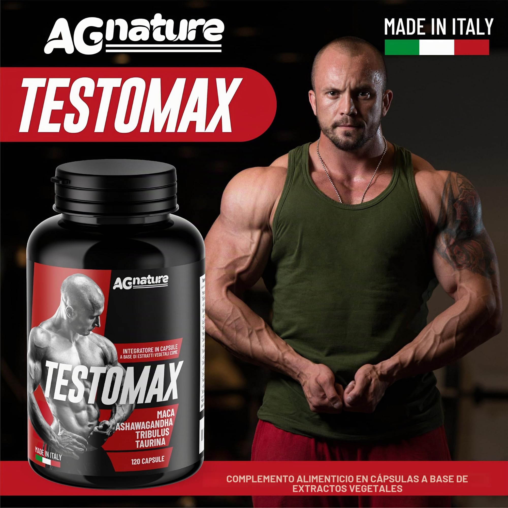AG nature Testosterona Hombre Aumento Masa Muscular x Gimnasio 120 Cápsulas | Suplemento Fuerte Energizante con Maca Peruana, Magnesio, Zinc y Vitamina B6