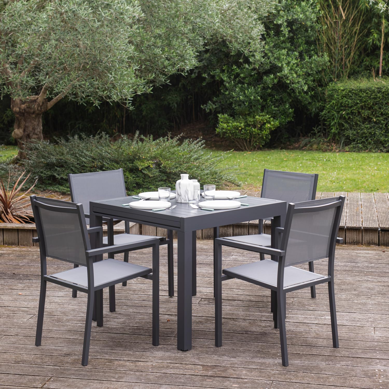 Salon de Jardin Venezia Extensible 90/180 en textilène Gris 8 Places - Aluminium Anthracite