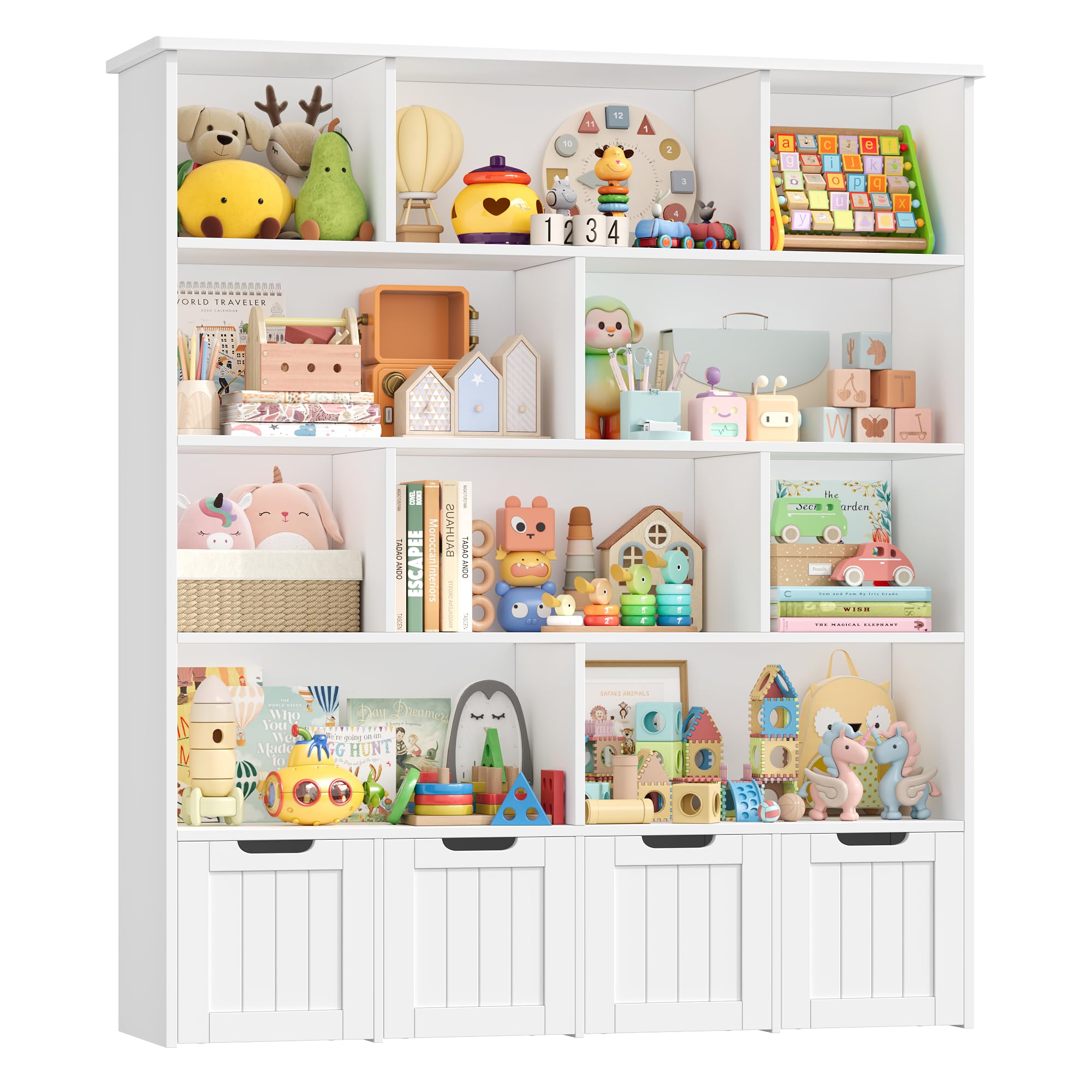 FOREHILL Libreria Montessoriana per Bambini, Scaffale Portagiochi Bambini, Libreria per Bambini a 10 Scomparti Aperti e 4 Cassetti su Ruote, per Cameretta e Stanza dei Giochi, 125.5x33x146cm (Bianco)