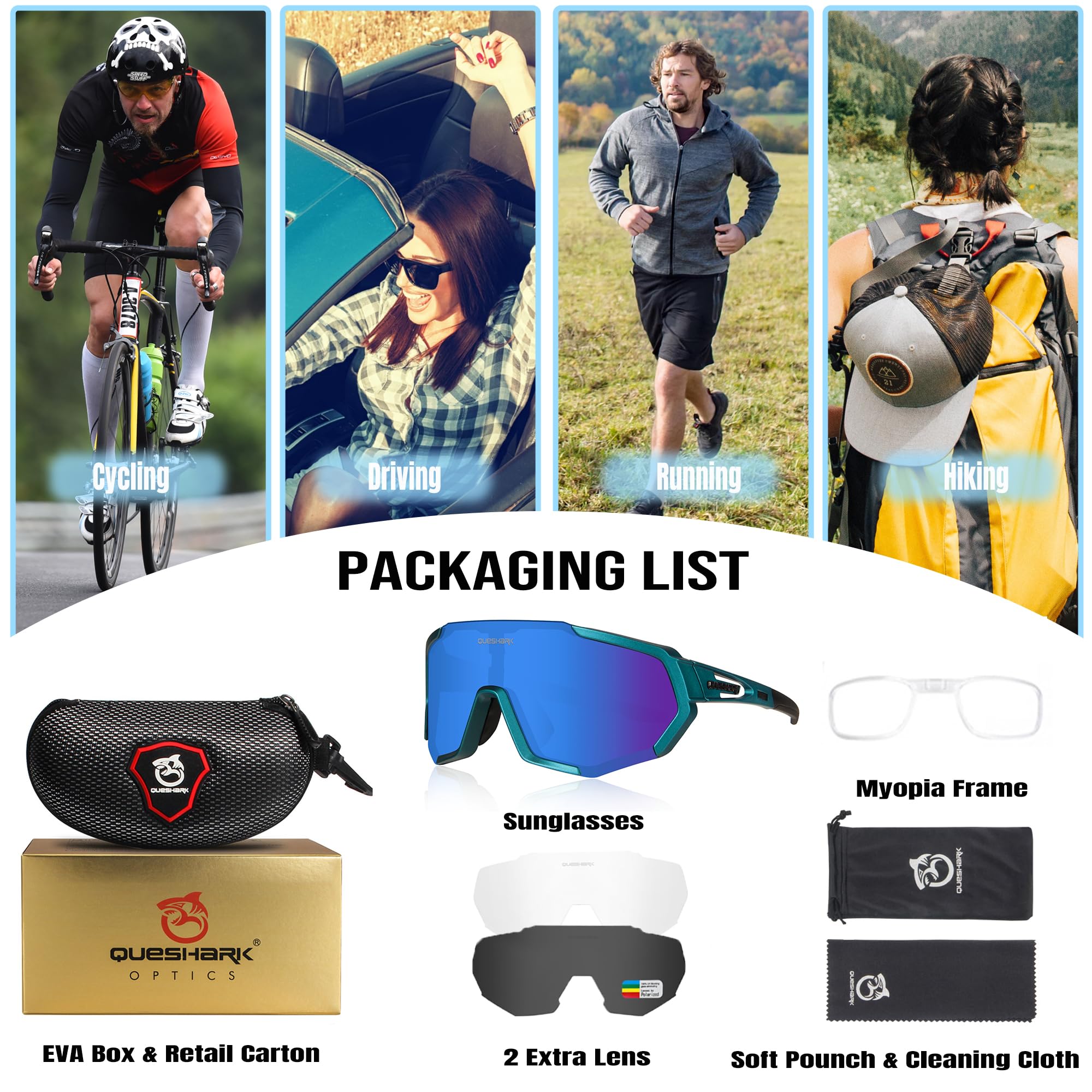Queshark Occhiali da Ciclismo Polarizzati per Ccchiali TR90 con Montatura per Uomo Donna con 3 Lenti Intercambiabili Anti-UV400