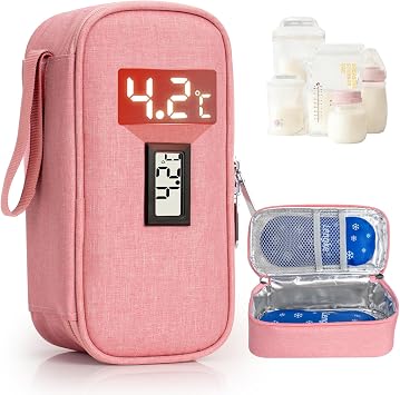 Breastmilk Cooler Bag - Breast Milk Cooler Travel Bag with Temperature Display, Insulated Breastmilk Cooler Bag for Travel, Breastmilk Storage Bag for Daycare Travel Nursing Mom Pink