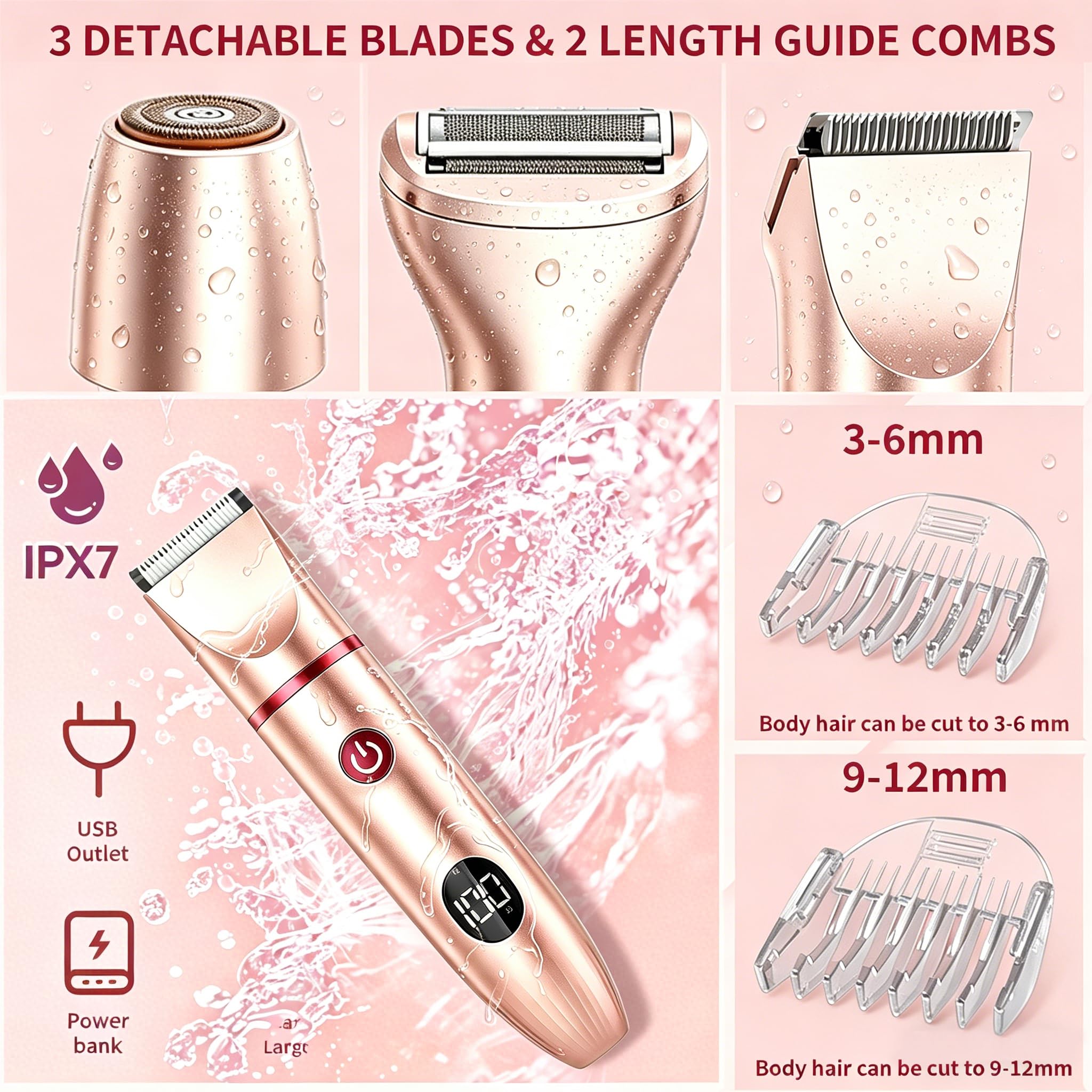 Rasoir Electrique 3 en 1 Femme, Tondeuse Femme Intime, Étanche IPX7 Douche Humide/Sec, Écran LED & USB-Recharge, Épilateur Électrique pour Visage, Maillot, Aisselles, Jambes, précis (Rose)