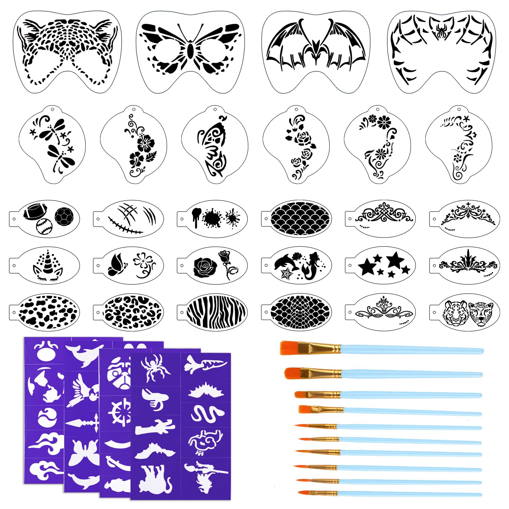 42 Stück Tattoo Schablonen Kits Enthält 28 wiederverwendbare Gesichtsmalschablonen mit 4 Aufklebern 10 Malpinsel Plastik-Tattoo-Malvorlagen für Kinder Halloween Party Makeup