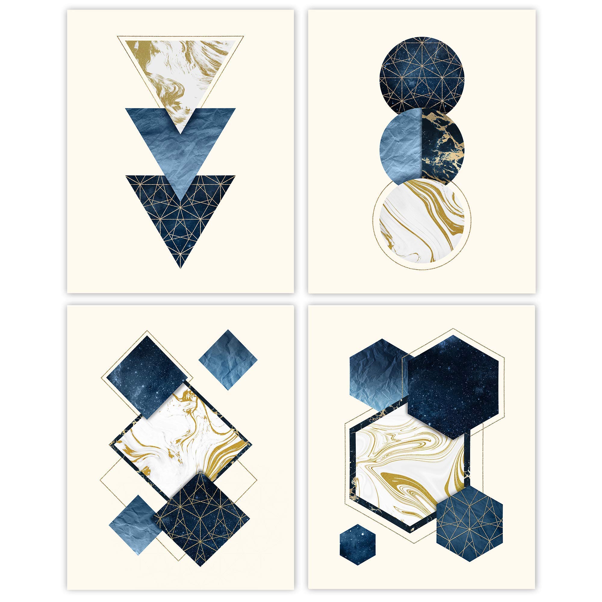 Modern Geometric Abstract Navy Blue Gold Wall Art Decor Prints, 4 (8x10) Unframed Photos, Artwork Gift for Home Bar Family Room Bathroom Office Design Studio Idea Lounge Student Teacher Coach Friends