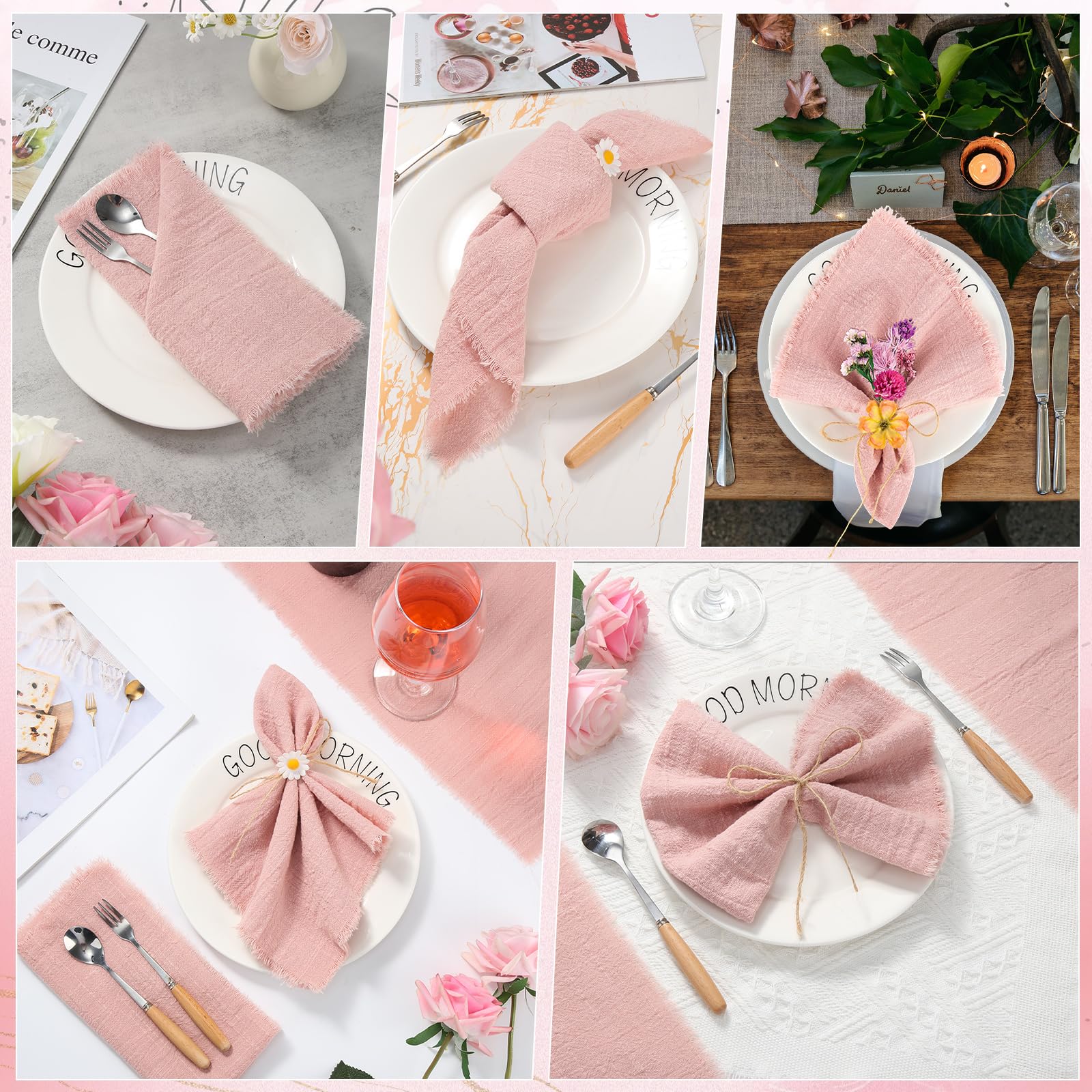 12 Tovaglioli da tavola in tessuto, 42 x 42 cm, tovagliolo da matrimonio con frangetta, tovagliolo personalizzato rustico con 10 m spago per matrimoni, compleanni e decorazioni da tavola (rosa)