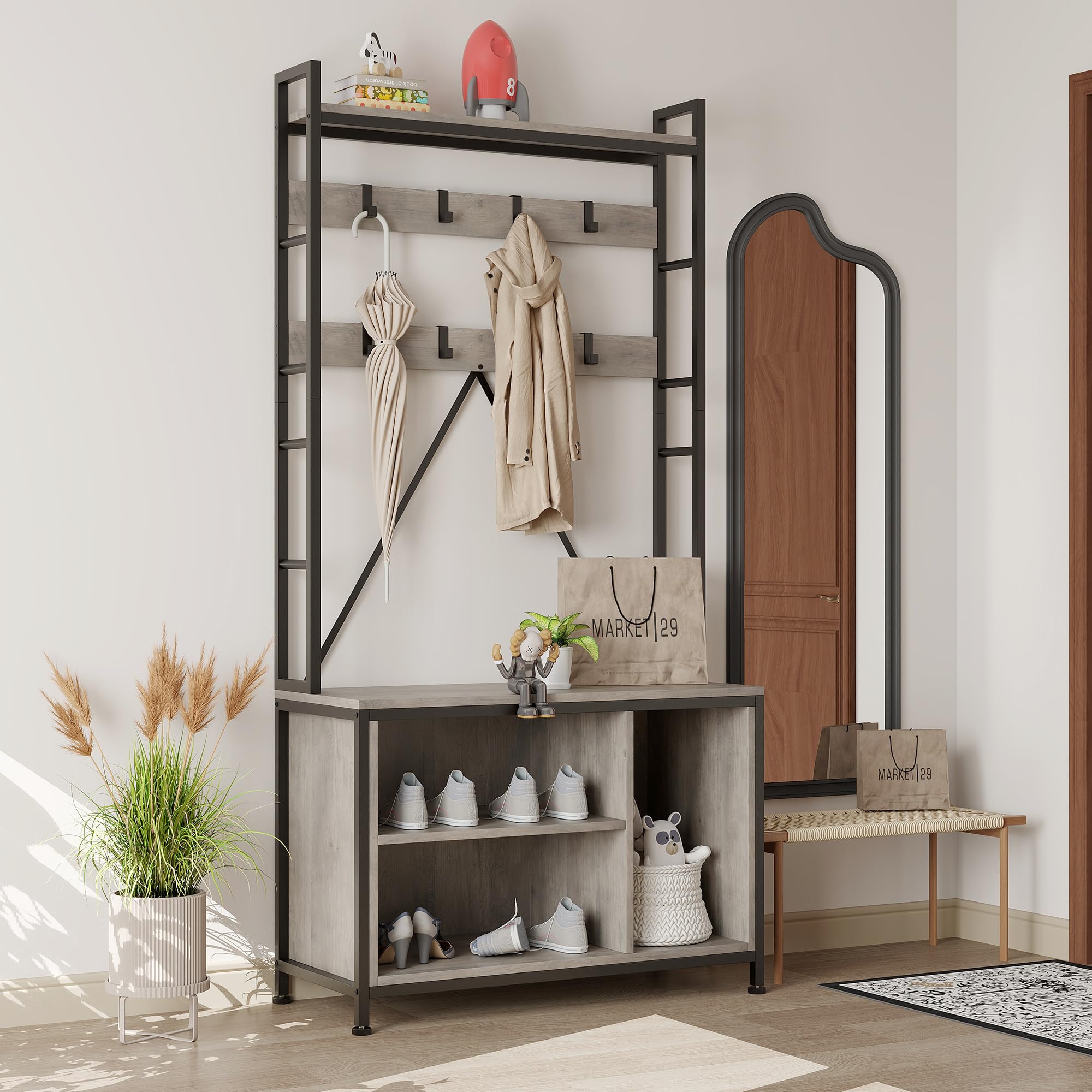 Garvee Perchero Recibidor Con Banco y Zapatero, Mueble Entrada Industrial De Madera y Metal, Organizador Con Estante y Ganchos, Perchero Independiente De Pie Para Entrada y Pasillo, Gris