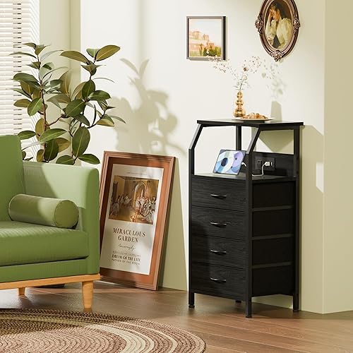 Miniatura 4 de Furnulem Mesita de noche con estación de carga, cómoda de 4 cajones con estante de almacenamiento, mesa auxiliar de 33.3 pulgadas de alto, mesa