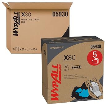 WypAll PowerClean X80 Cloths Heavy Duty Wipes 05930, Pop-Up Box, Extended Use Towels, Red 5 Packs of 80 Sheets, 400 Sheet Total