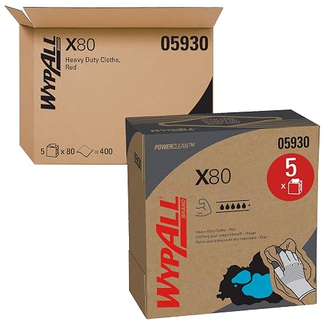 WypAll PowerClean X80 Cloths Heavy Duty Wipes (05930), Pop-Up Box, Extended Use Towels, Red (5 Packs of 80 Sheets, 400 Sheet Total)