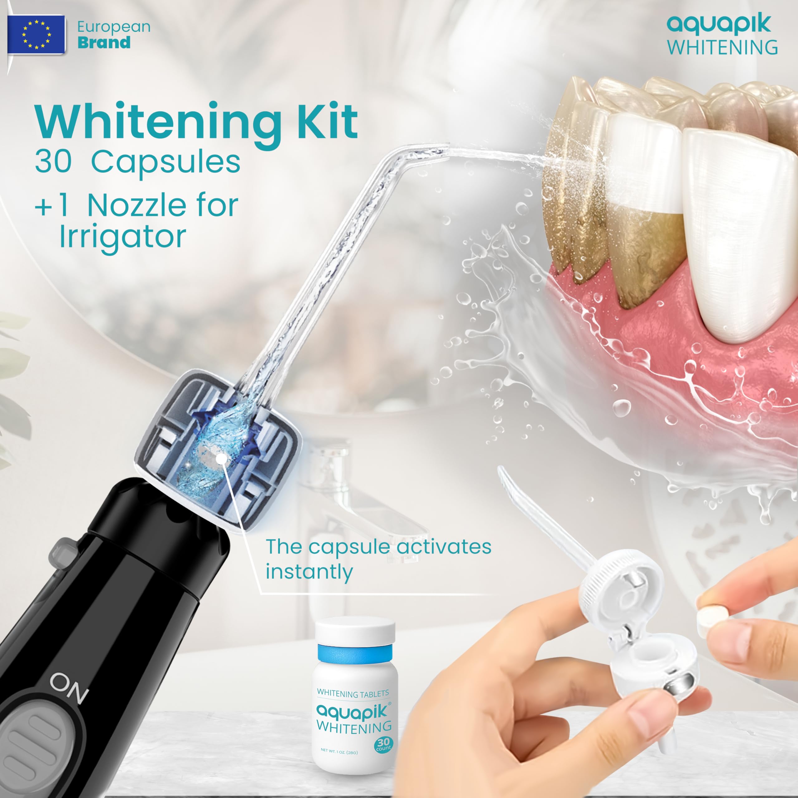 Aquapik100® profesjonalny waterflosser dentystyczny irygator do zębów głębokie czyszczenie 10 poziomów ciśnienia 8 dysz 600 ml do wrażliwych dziąseł ortodontycznych mostków implantów usuwa płytkę