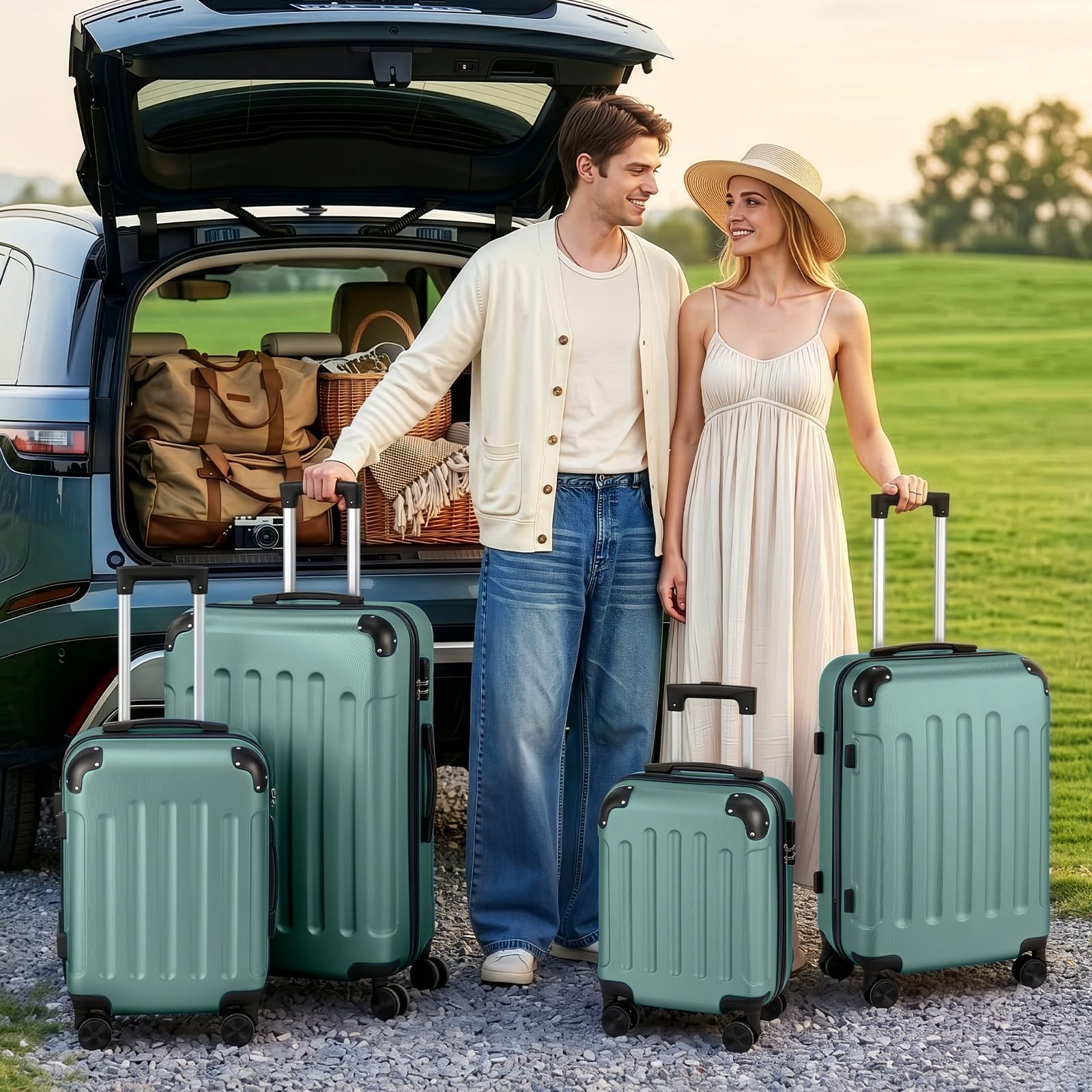 LALAHO Set de 4 Valises avec Renforts d'angle, Valise Grande Taille/Cabine, Petite Valise, Bagage Suitcase en ABS (Turquoise)