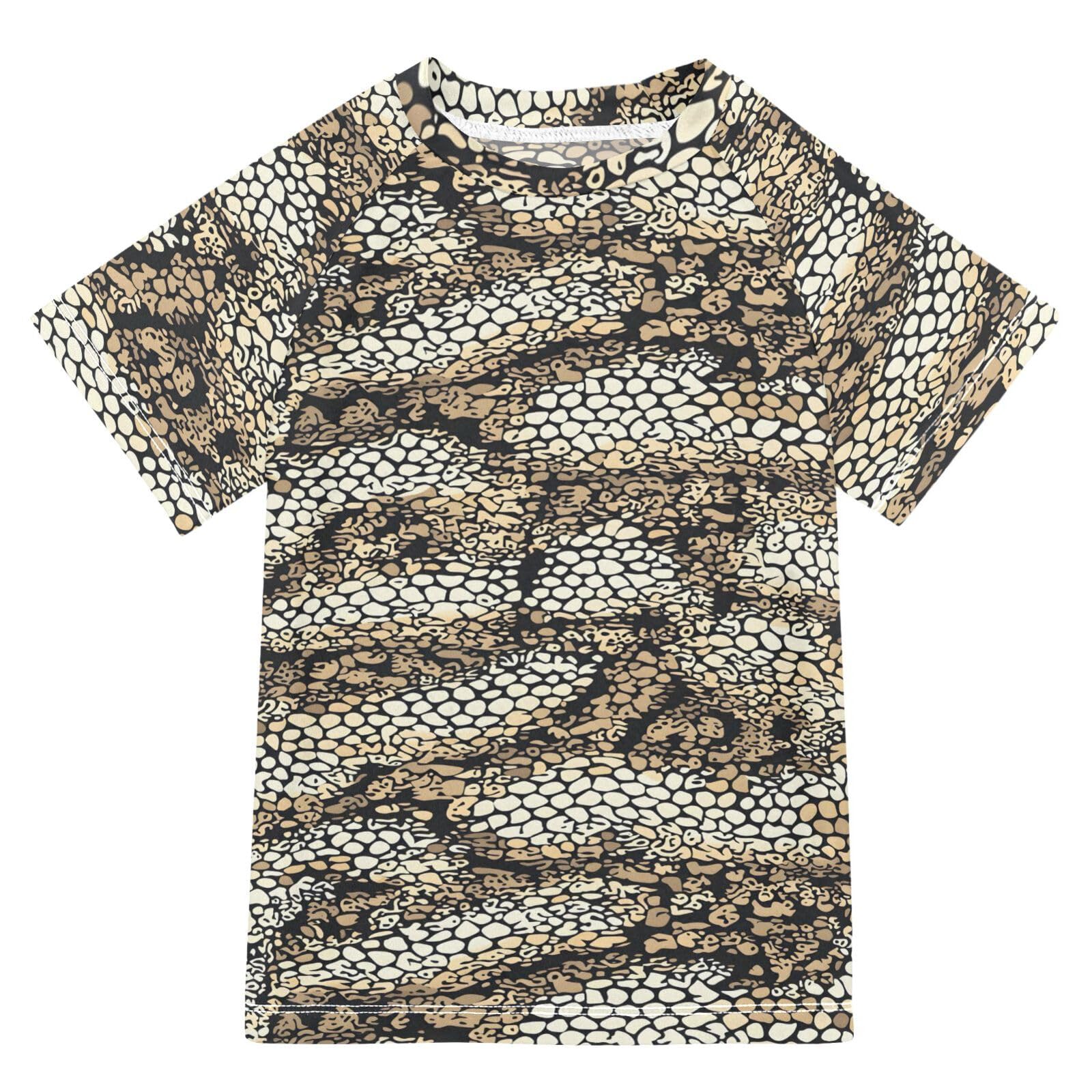 ALAZA Kids Rash Guard Boys Toddler Swim Shirts Short Sleeve Snakeskin Print Brown UPF 50+ 3T