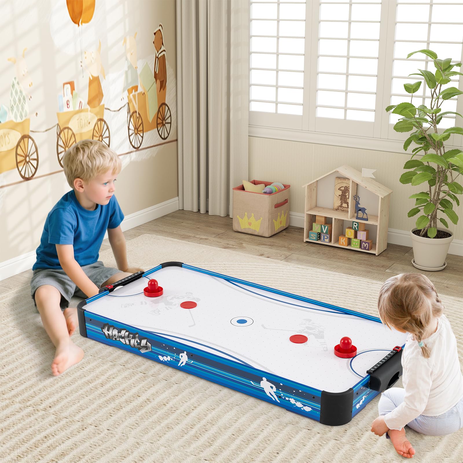 COSTWAY Tavolo da Air Hockey, con 12V Motore Elettrico Potente, 2 Dischi e 2 Spintori, Air Hockey da Tavolo per Sala Giochi Casa Ufficio, 108x50,5x10 cm