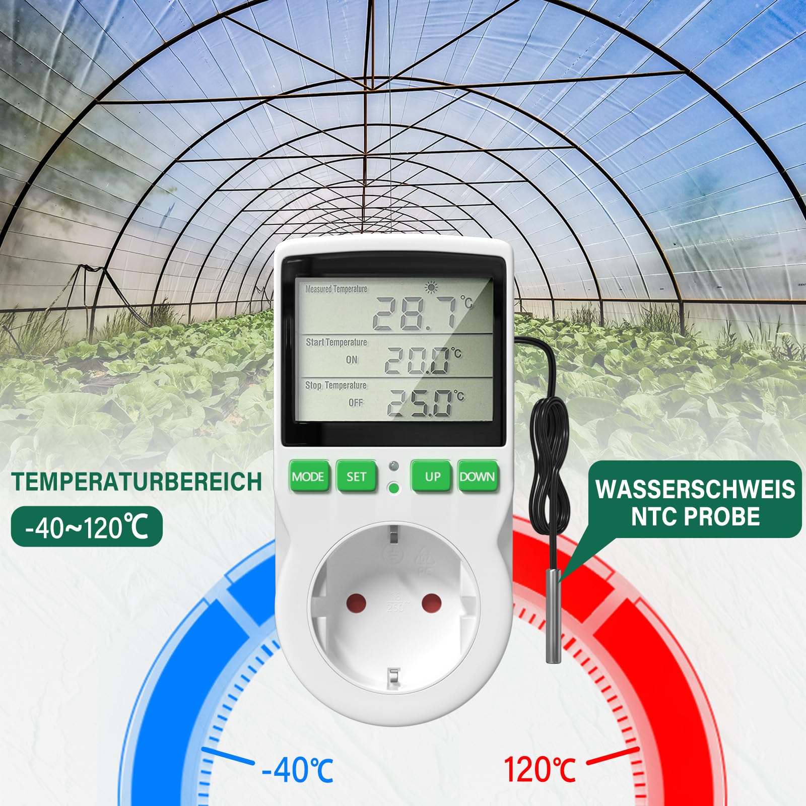 Thermostat Steckdose 230V Digitaler Temperaturregler Steckdose 16A, LCD Bildschirm Heizen und Kühlen Reptil Thermostat Timer Stecker Sockel EU für Gewächshaus,Aquarium,Terrarium,Reptilien