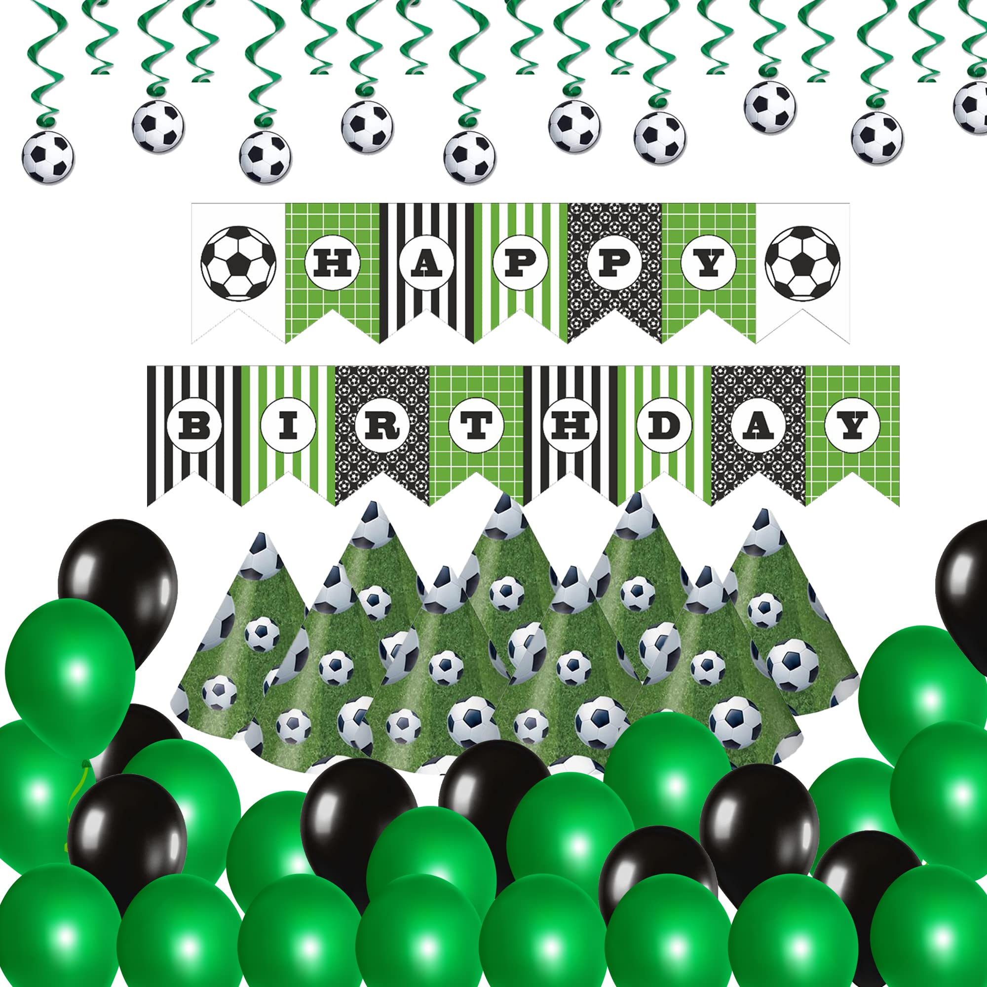 WP WANNA PARTY Soccer Theme Birthday Decoration Combo, Football Party Including Soccer Banner,Soccer Hats,Soccer Swirls and Green & Black Balloons for Soccer Party Props, Pack of 35 Party Props