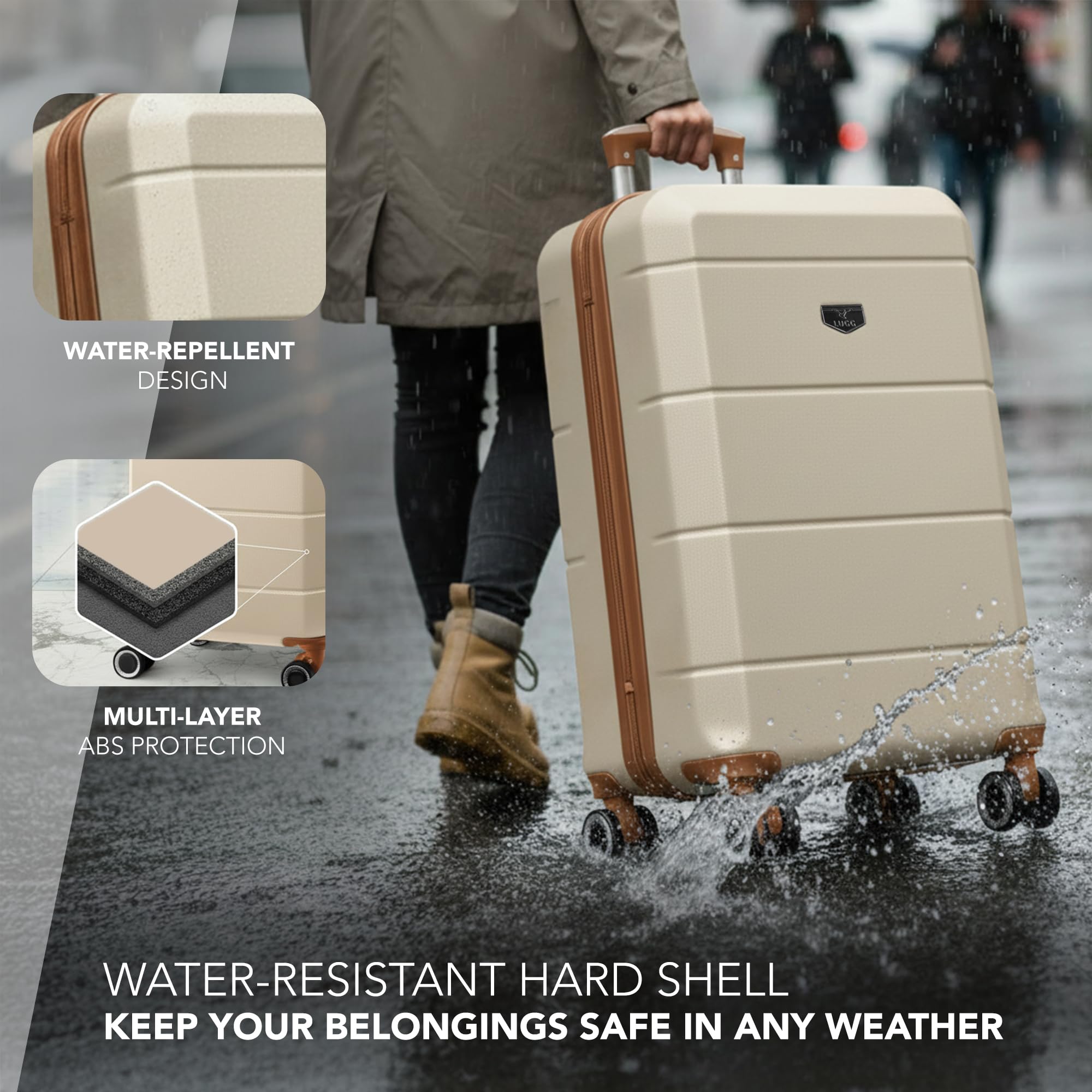 LUGG - Jetset 40cm Suitcase - 40x30x20cm- Ryanair Compatible - Underseat Size - Hard Shell ABS - Spinner & Removable Wheels - Lightweight Travel Luggage- Cream/Brown — view 307