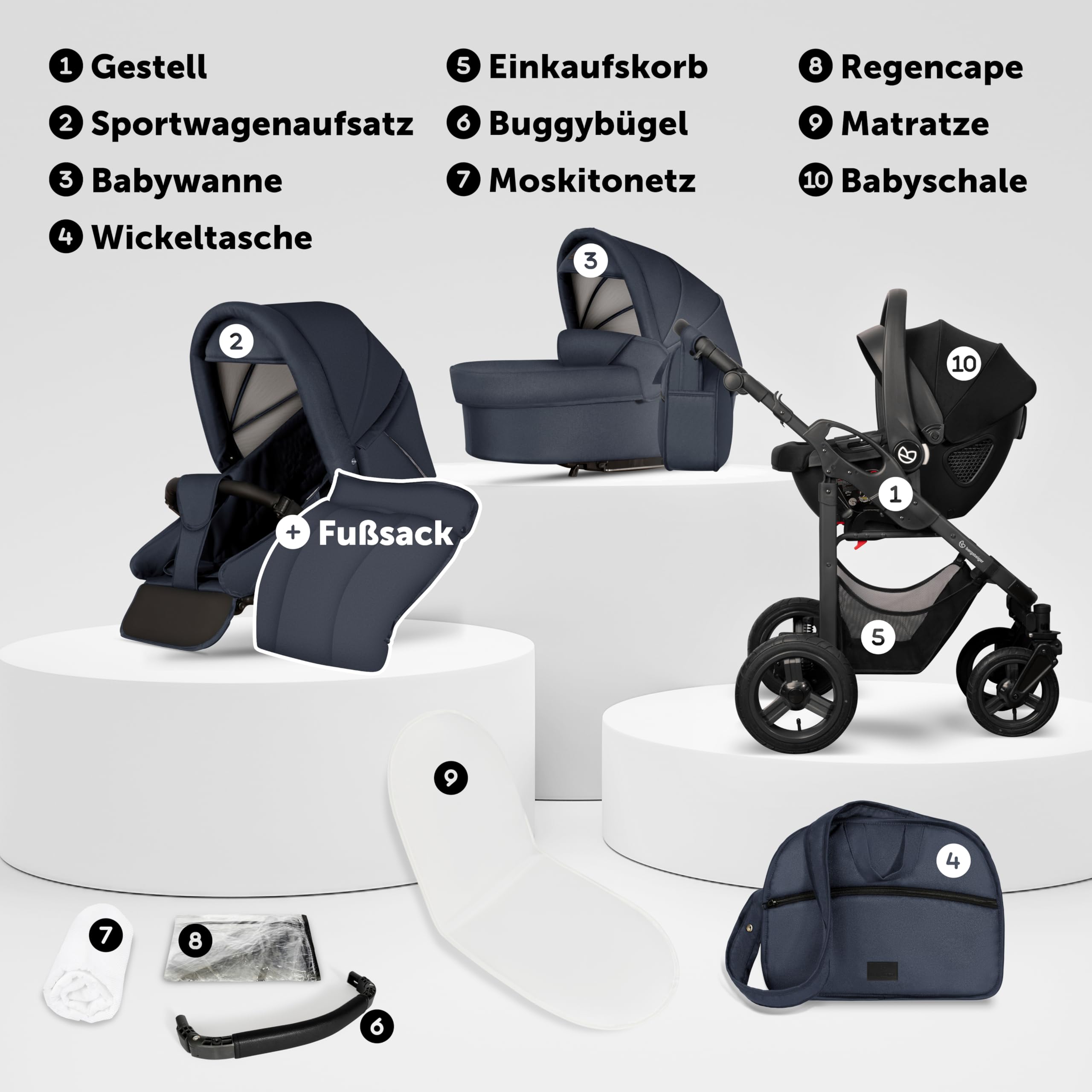 Bergsteiger Capri Kombikinderwagen 3-in-1 Babywanne Sportsitz Babyschale | Komfortables Reisesystem ab Geburt mit Luftreifen Rahmenfederung verstellbarem Griff Platzsparend faltbar und Wickeltasche