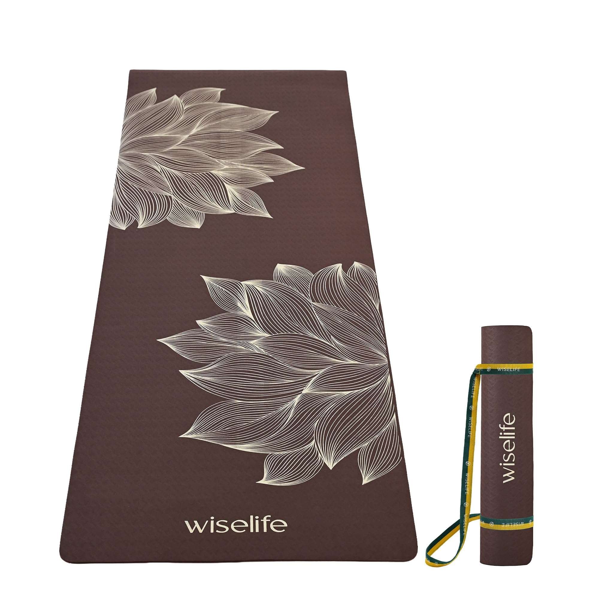 Wiselife TPE Printed 6MM Yoga Mat + Yoga Strap For Men, Women, Kids | Anti-Slip Extra thick, Long & Wide Exercise Sports Mat For Workout, Fitness, Yoga, Gym, Home & Pilates (LOTUS-BROWN)