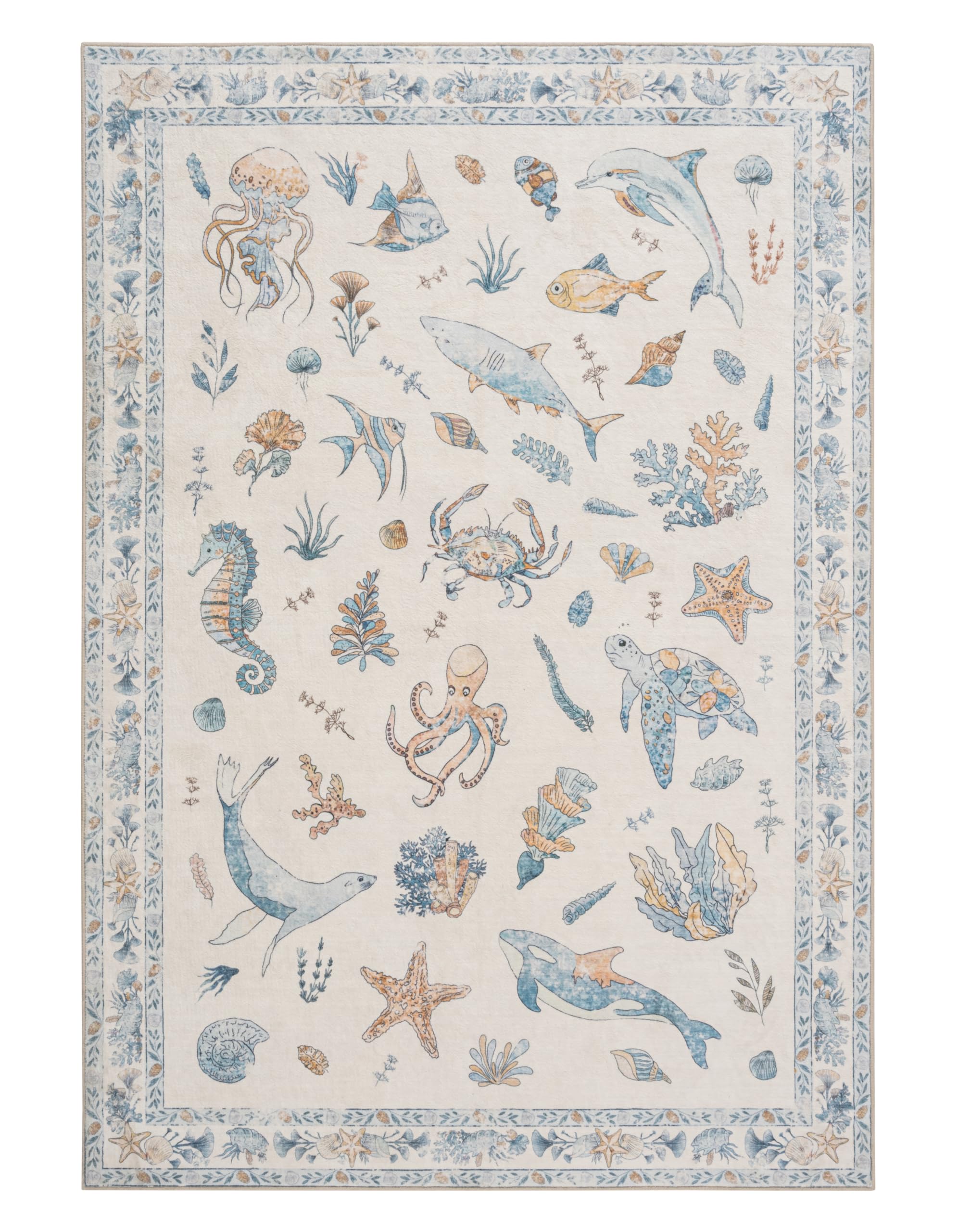 Soft Marine Animal Washable Faux Wool Stain Resistant Rug Rubber Non-Slip Backing for Playroom Bathroom Living Room Bedroom Bedside Beachy Cute