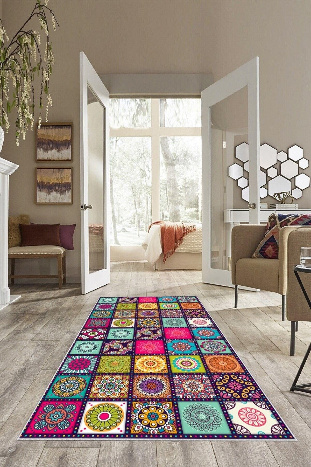 Pelangi Çok Renkli Geometrik Karo Desenli Yıkanabilir Kaymaz Taban Leke Tutmaz Modern Salon Halı Ve Yolluk, Karışık Renkli 80 x 400