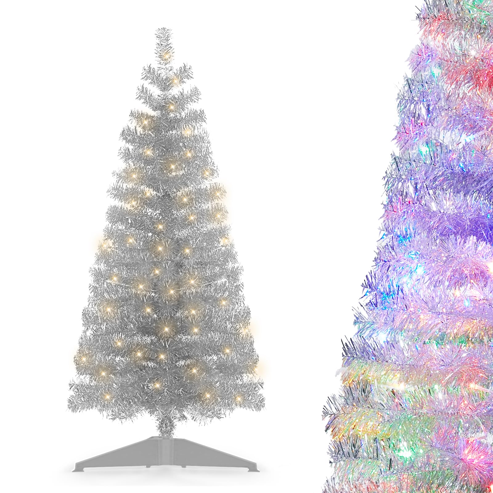 Pre-Lit Artificial Christmas Tree, Warm White Lights, Colorful Lights, Includes Stand, 4 feet (Silver)