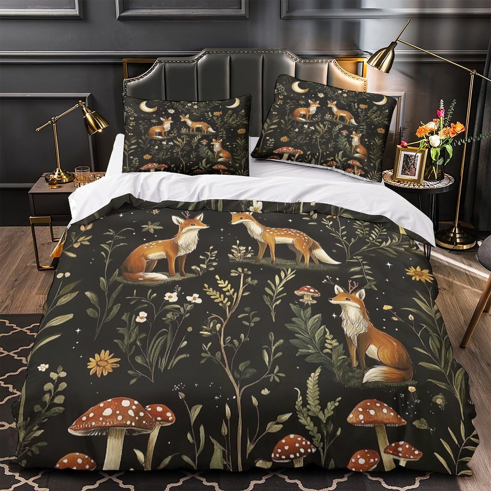 Housse de couette renards 200x200 parure lit microfibre pour deux personnes