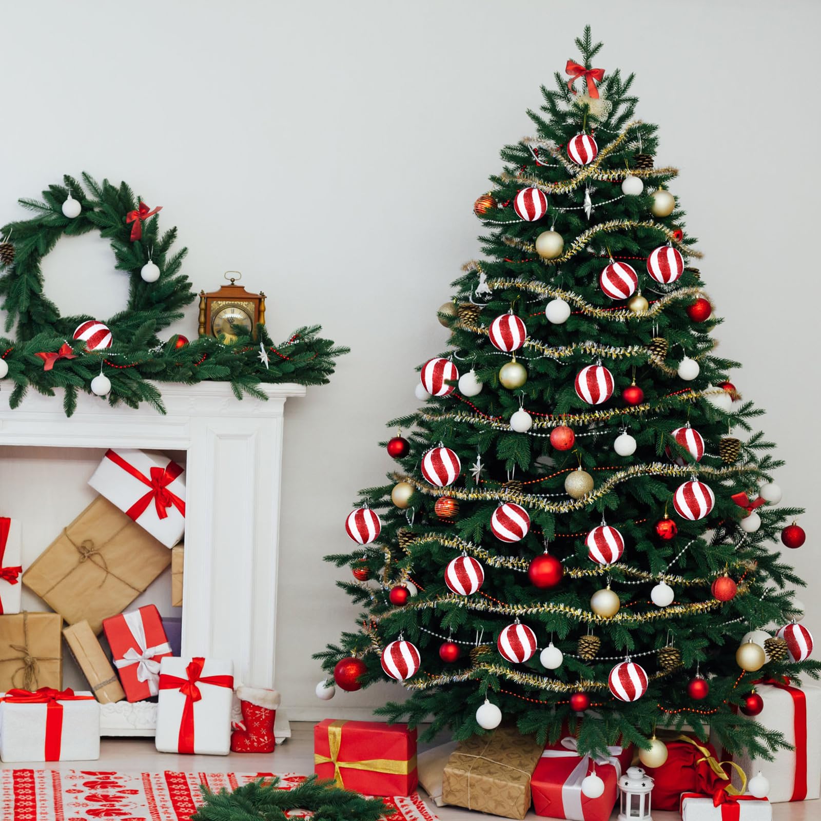 Liliful 12 bolas de Navidad de 3.15 pulgadas, adornos con brillantina, decoraciones de árbol de Navidad pintadas de plástico, adornos para decoración colgante de remolino de Navidad (blanco y rojo)