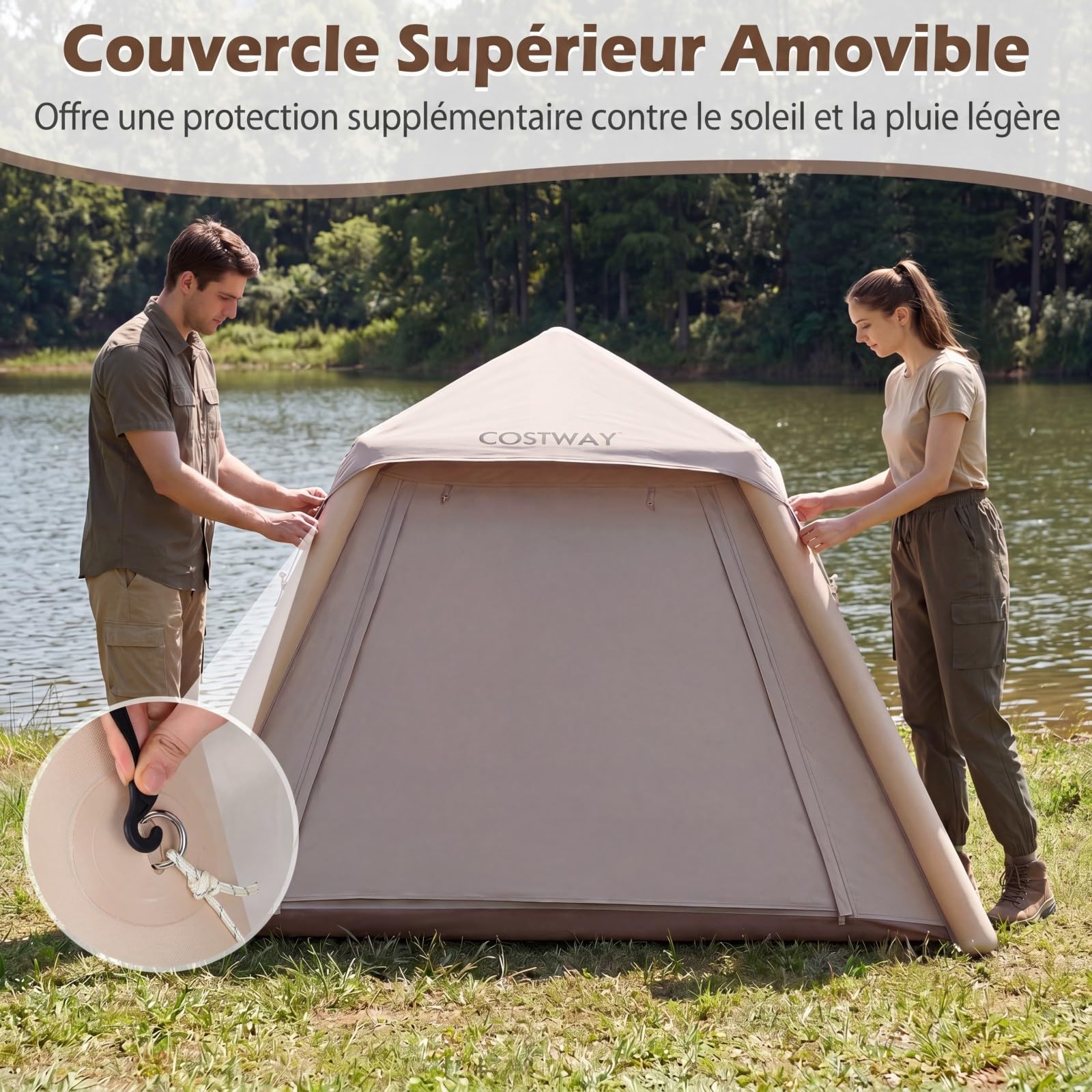 COSTWAY Tente de Camping Gonflable pour 2-4 Personnes, Grande Tente Portable avec Pompe Portes Fenêtres Filet Toit Amovible UPF50+ Étanche, Montage Rapide pour Camping Voyage Randonnée
